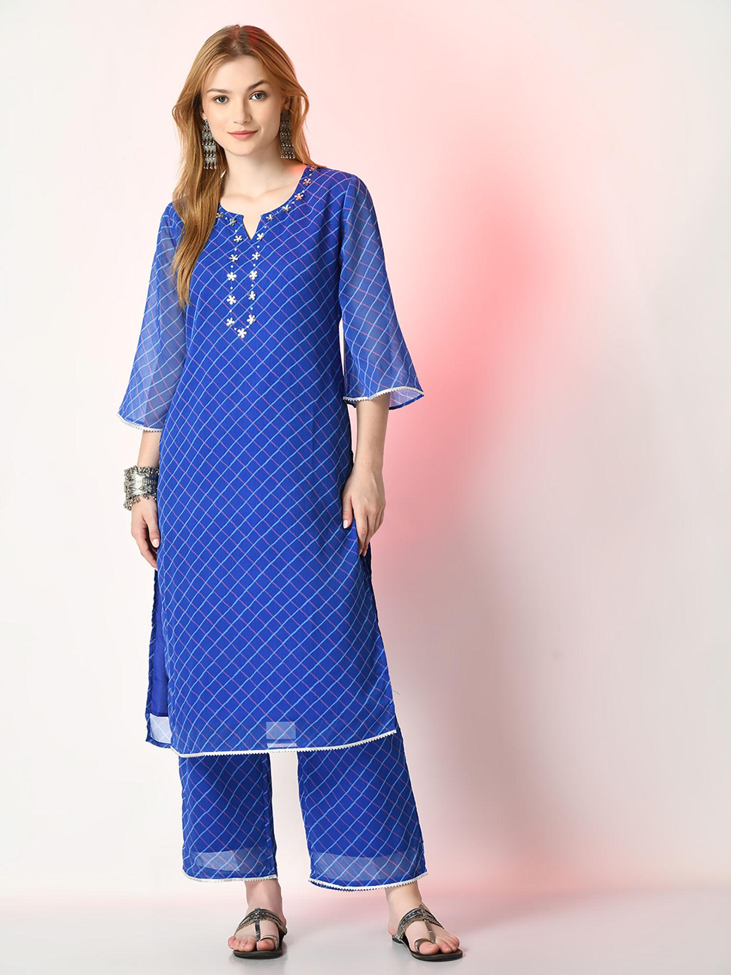 women blue printed kurta & palazzo (set of 2)