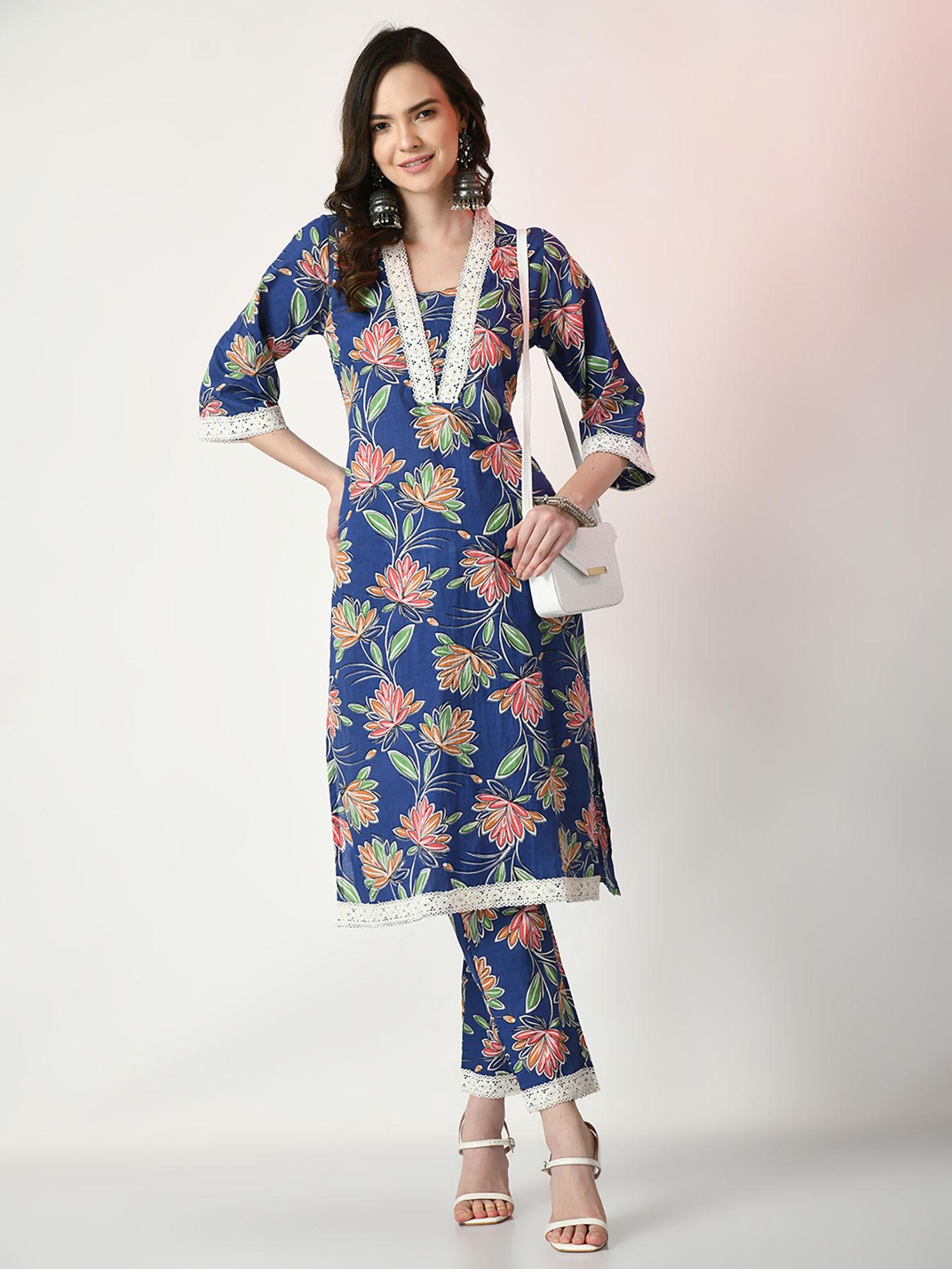 women blue printed kurta & trouser (set of 2)