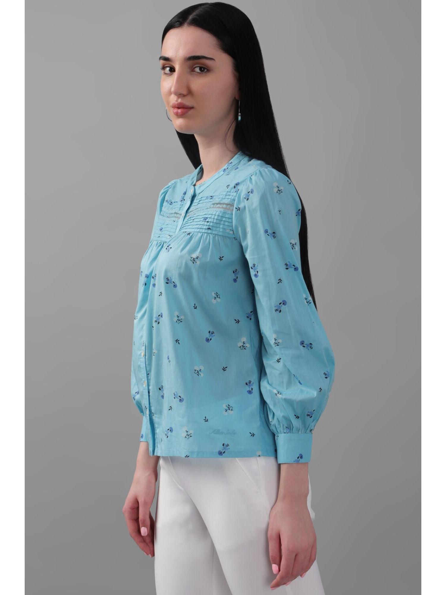 women blue printed long sleeves shirt