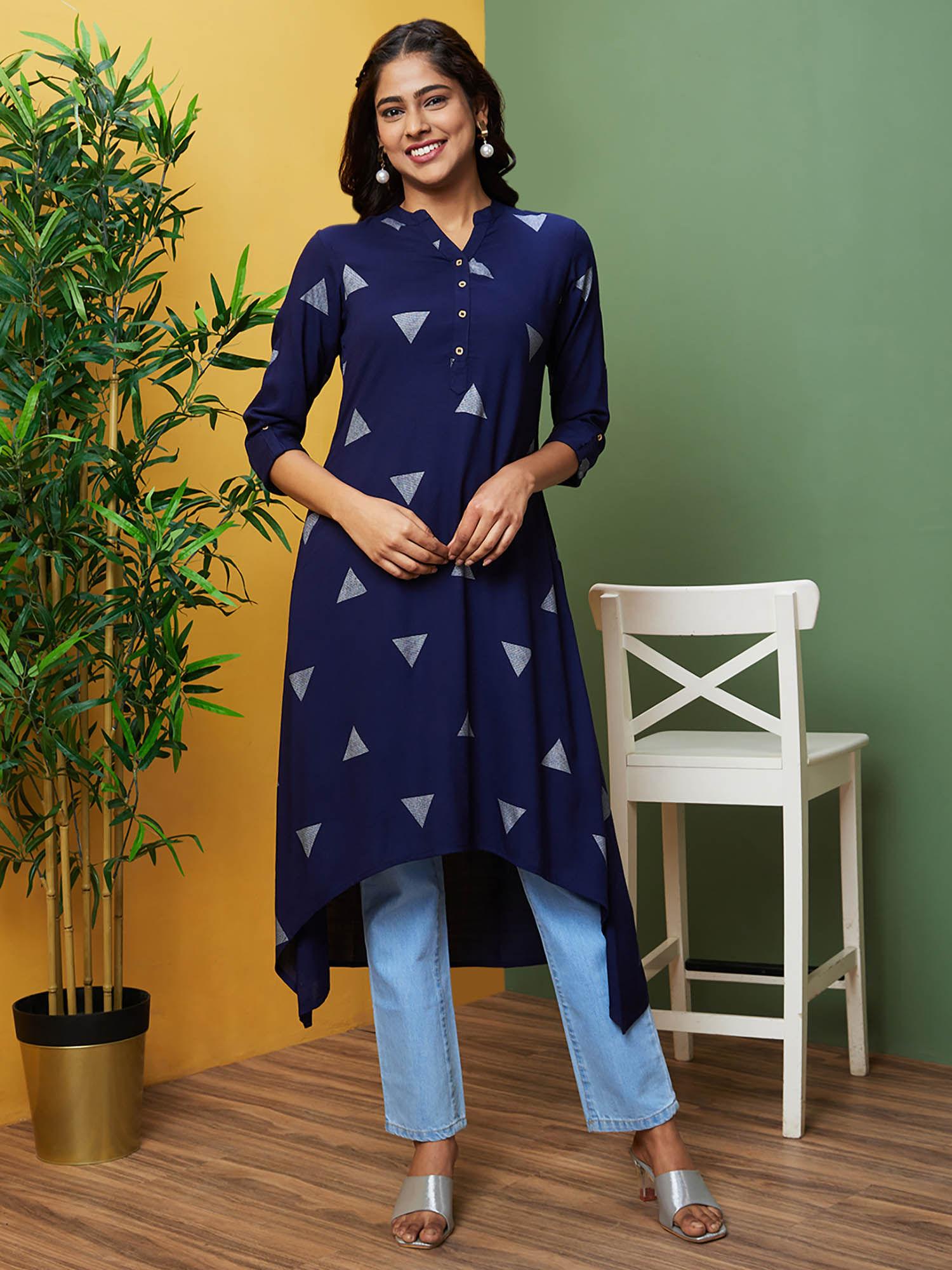 women blue printed mandarin collar a-line kurta