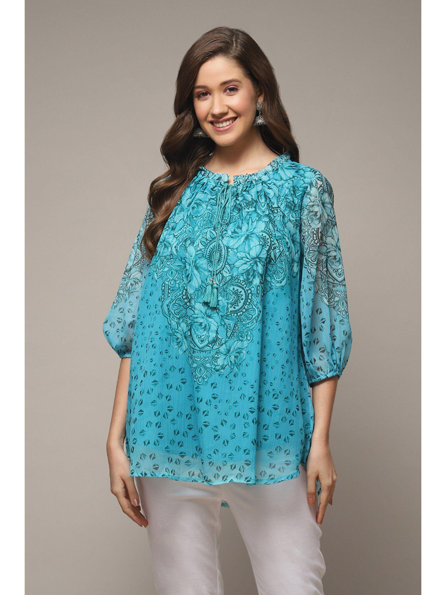 women blue printed poly chiffon straight kurti