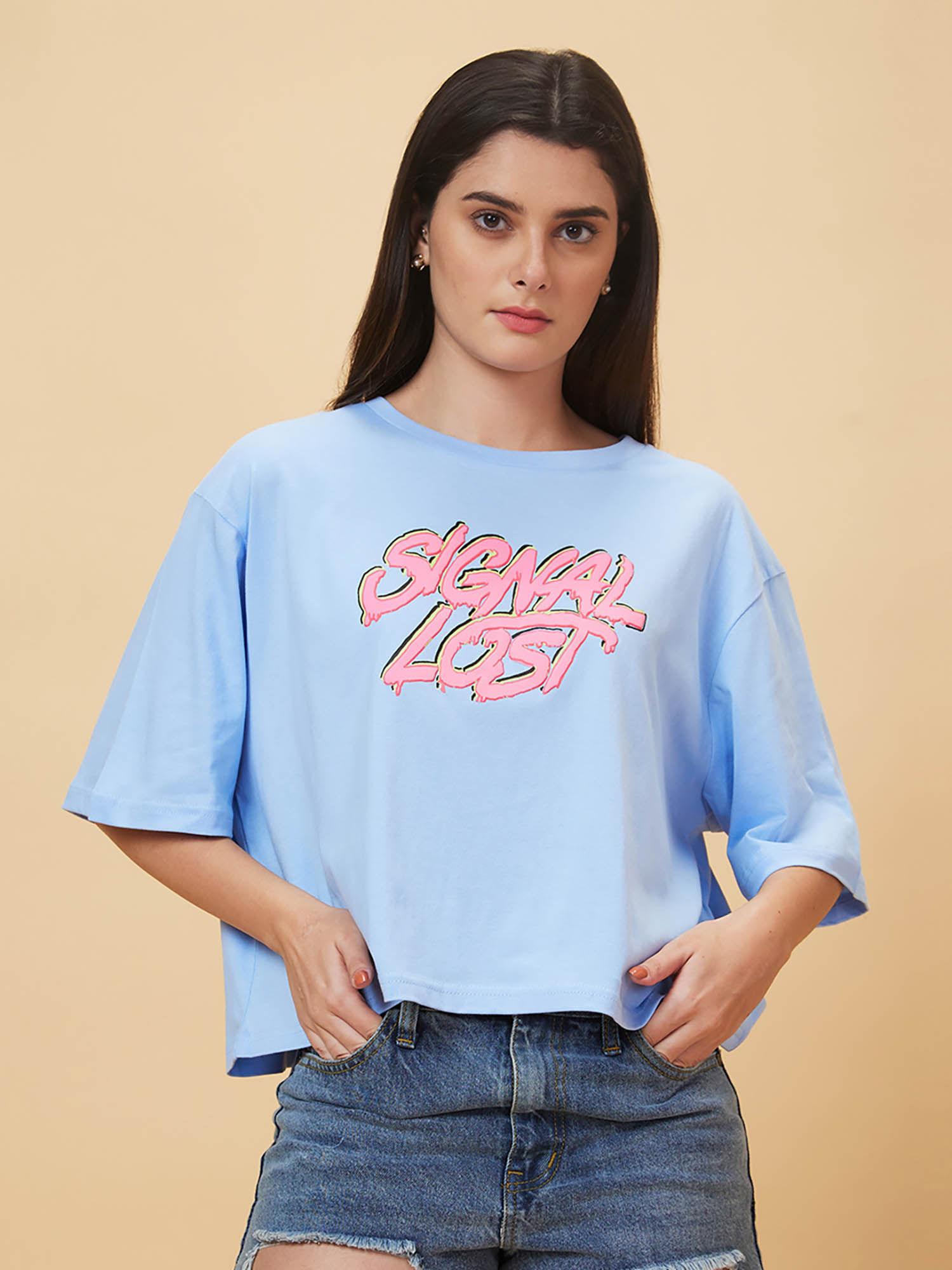 women blue printed round neck casual boxy fit t-shirt