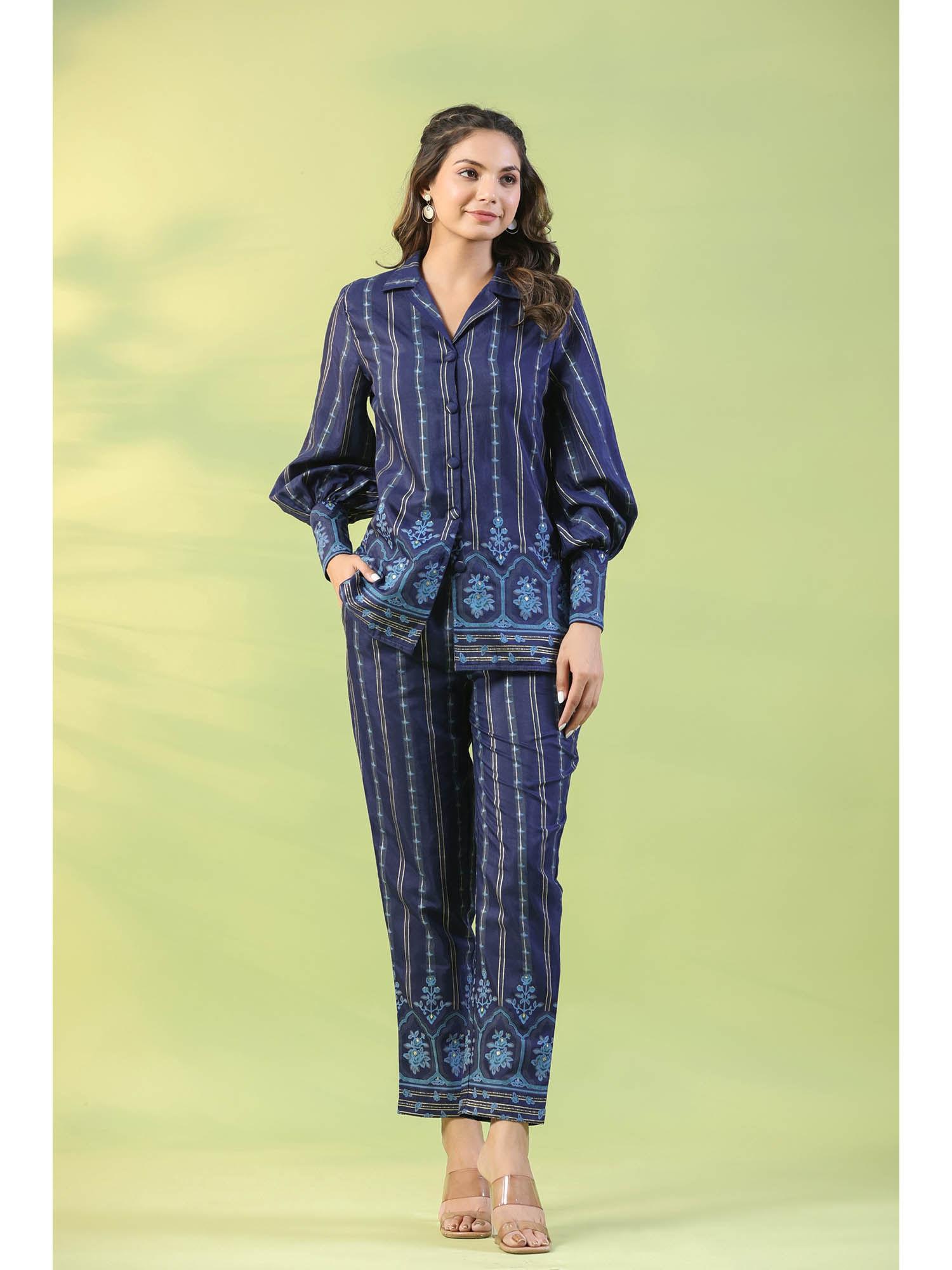 women blue printed shirt with pant co-ord (set of 2)