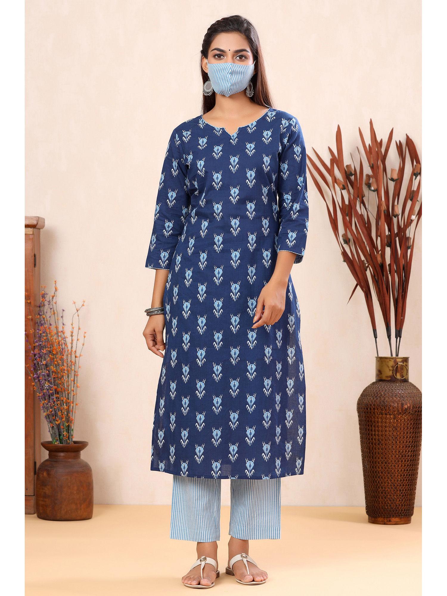 women blue printed straight fit kurta pants (set of 3)
