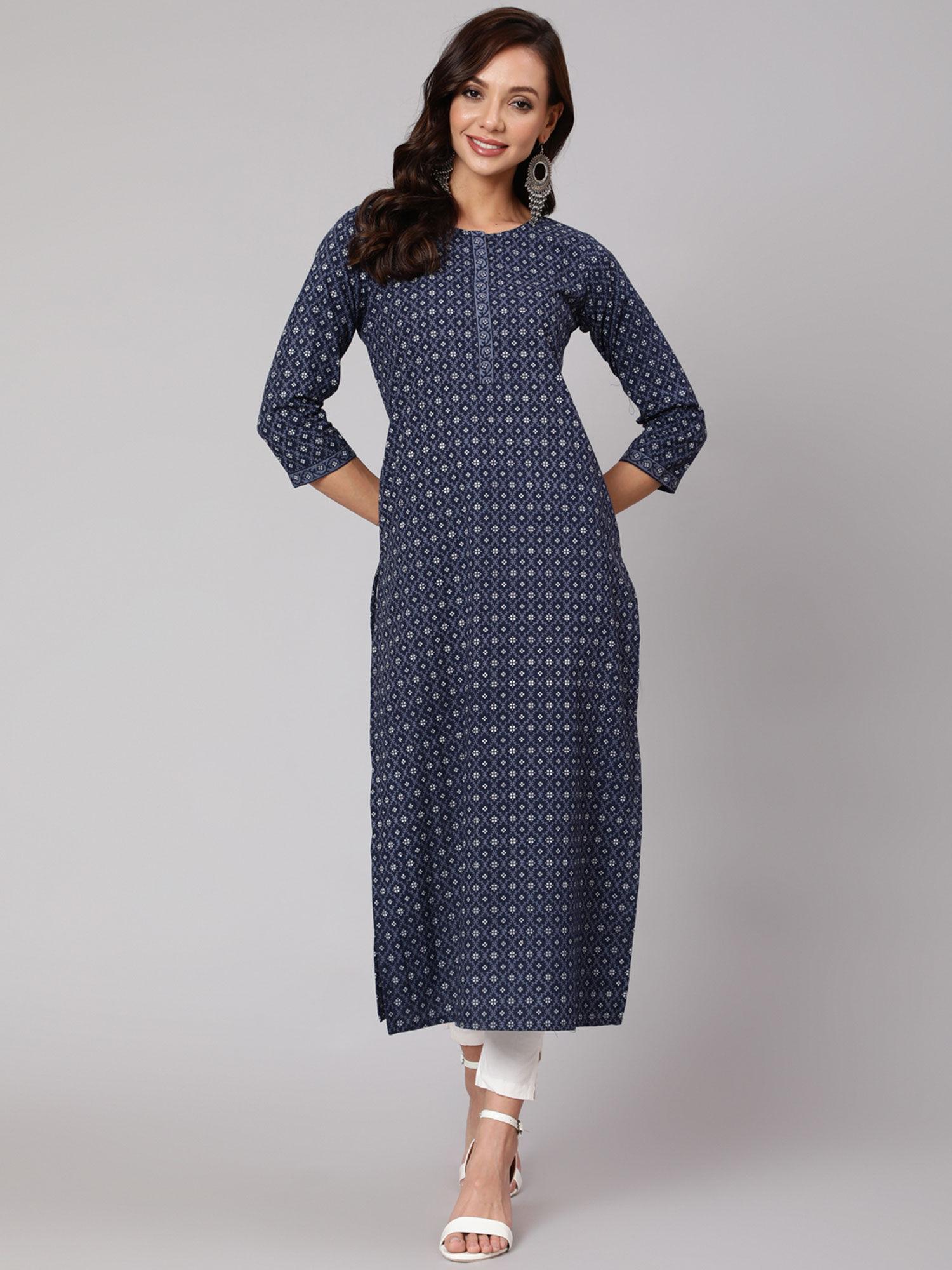 women blue printed straight kurta with three quarter sleeves