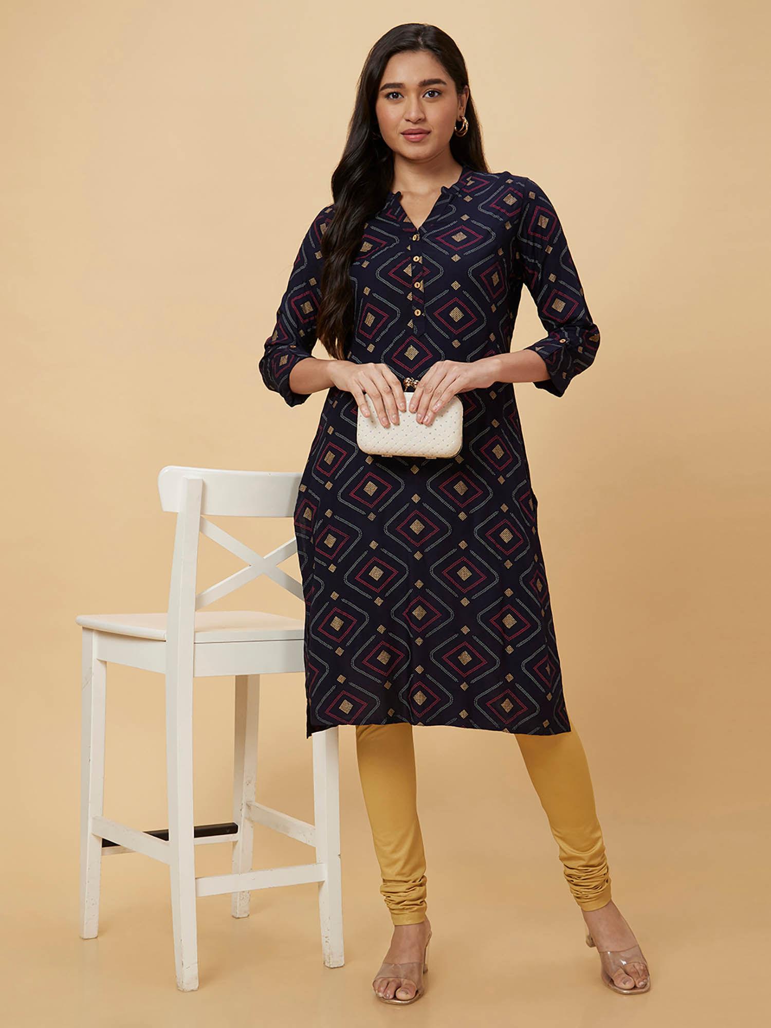 women blue printed straight kurta