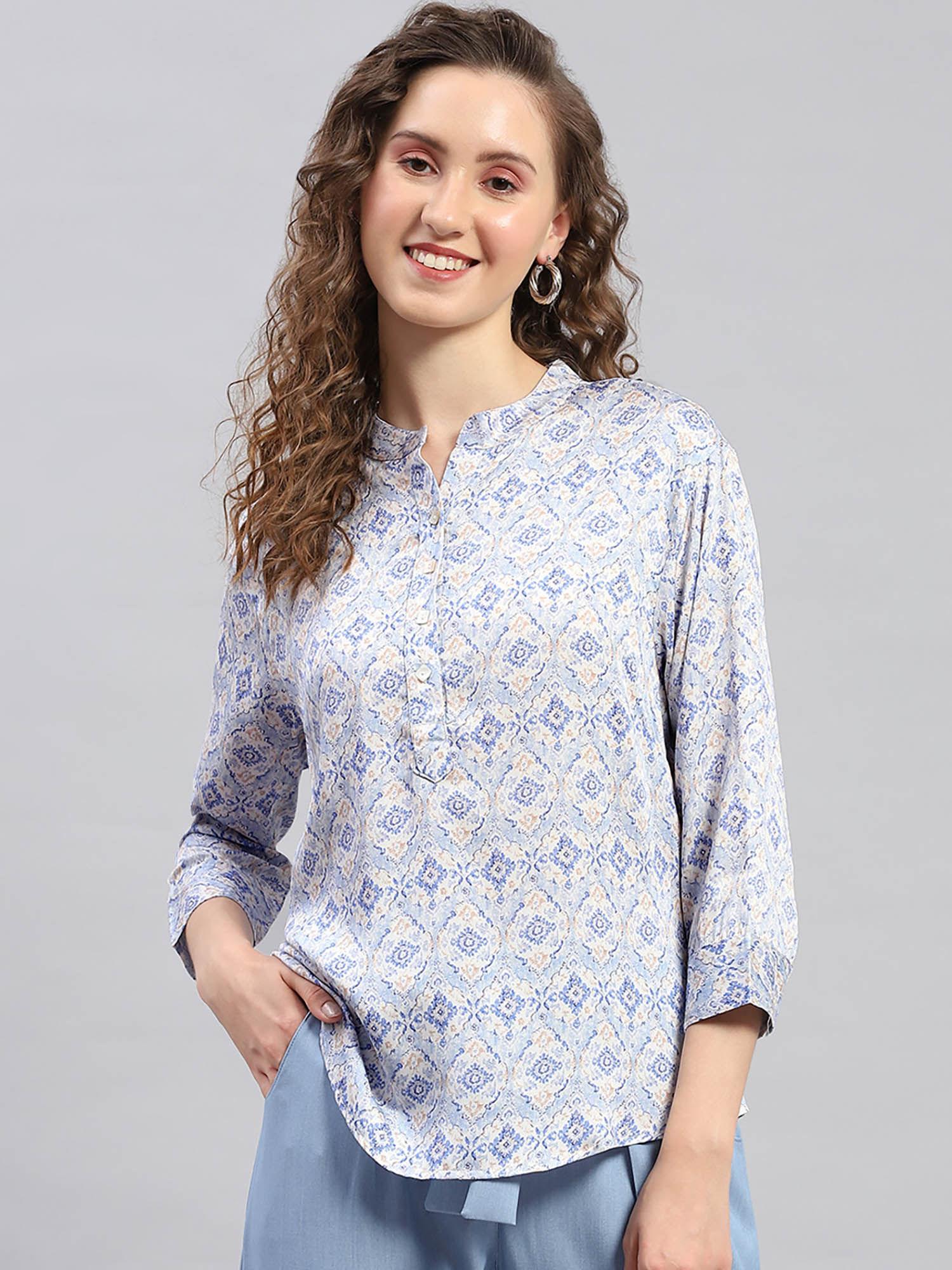 women blue printed three fourth sleeves mandarin neck top