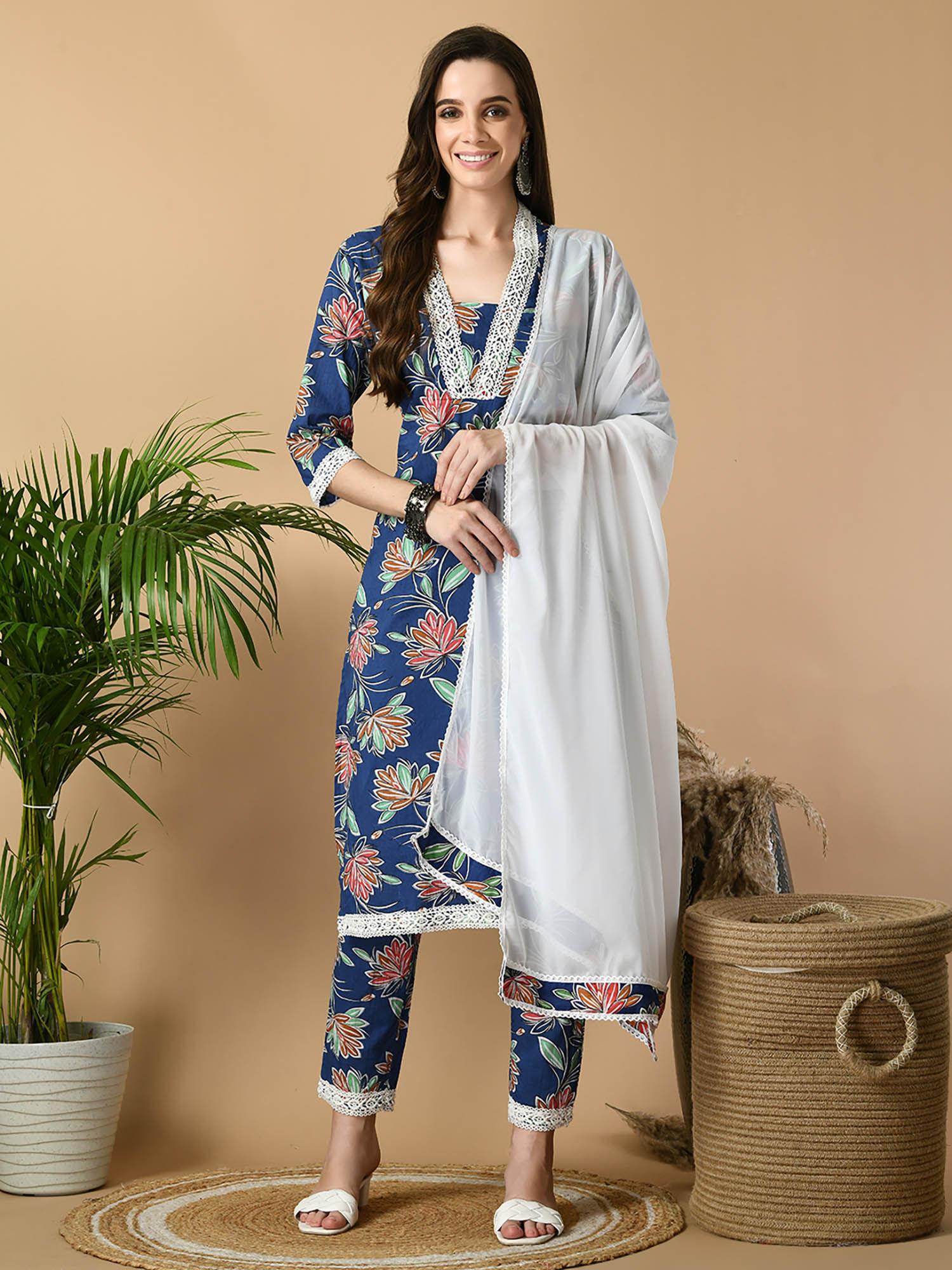 women blue pure cotton party kurta trousers with dupatta (set of 3)