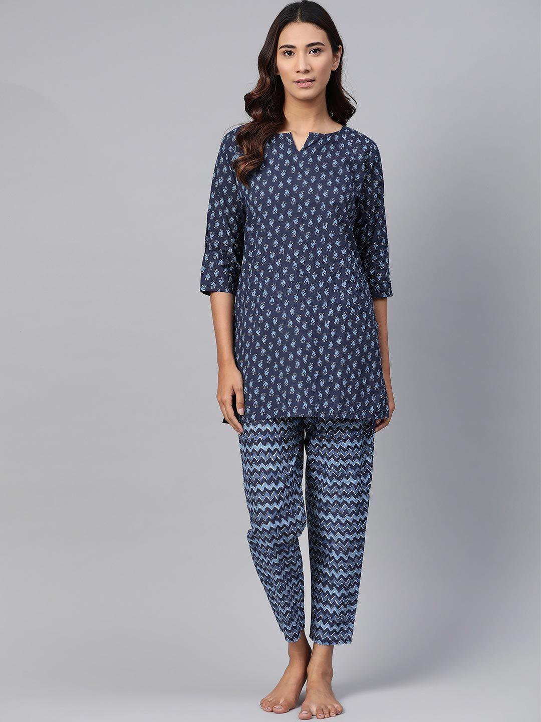 women blue pure cotton printed night suit (set of 2)