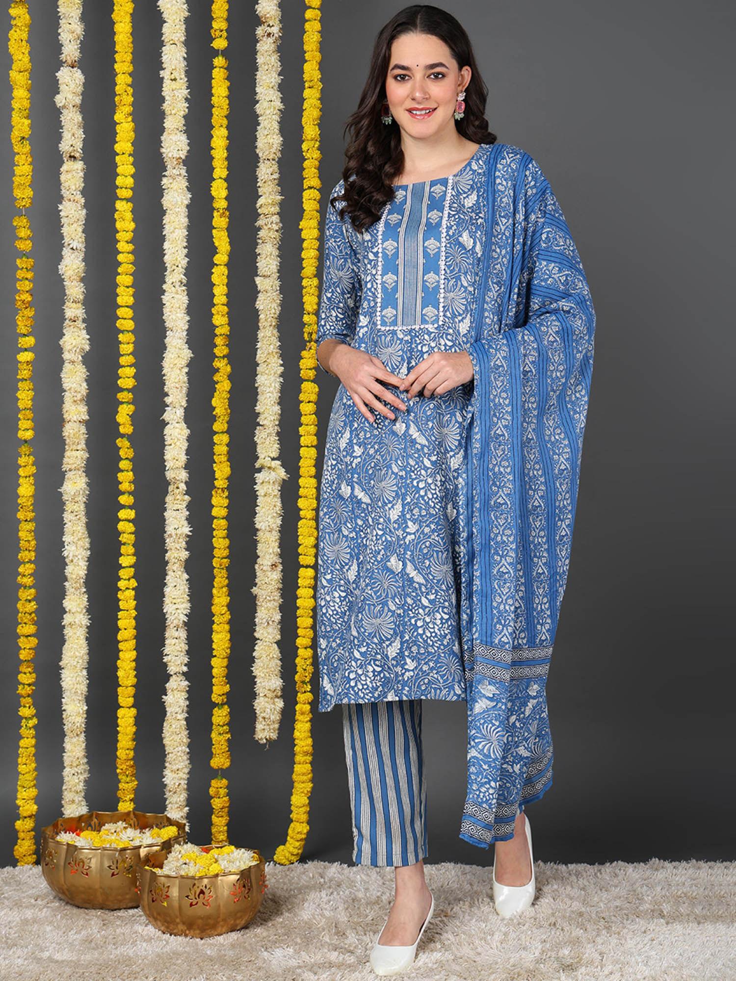 women blue rayon blend floral printed straight kurta pants with dupatta (set of 3)