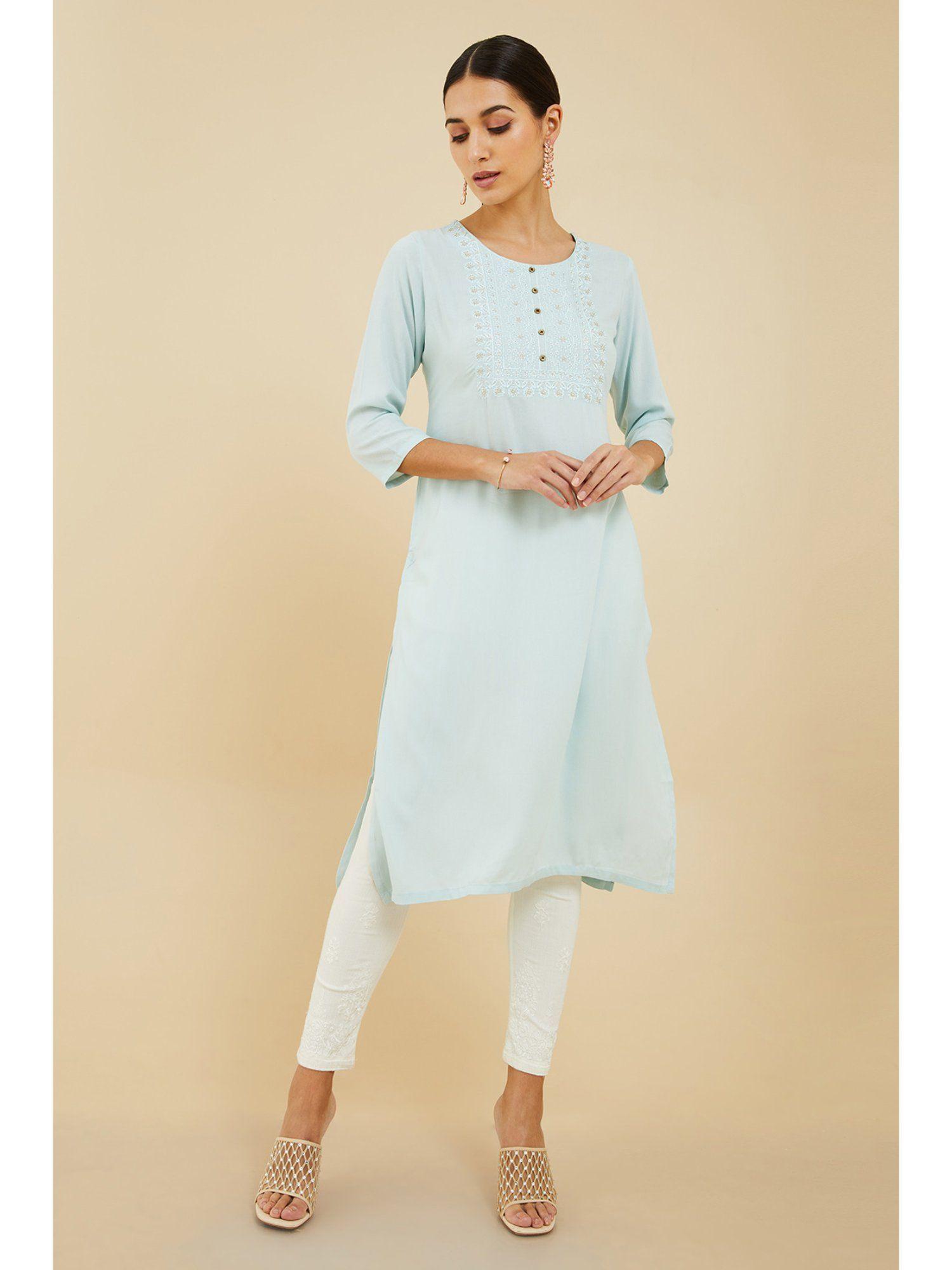 women blue rayon embroidered kurta