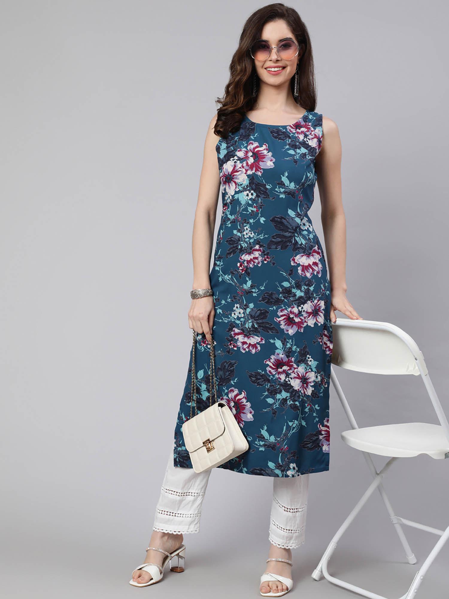 women blue rayon floral printed calf length straight kurta