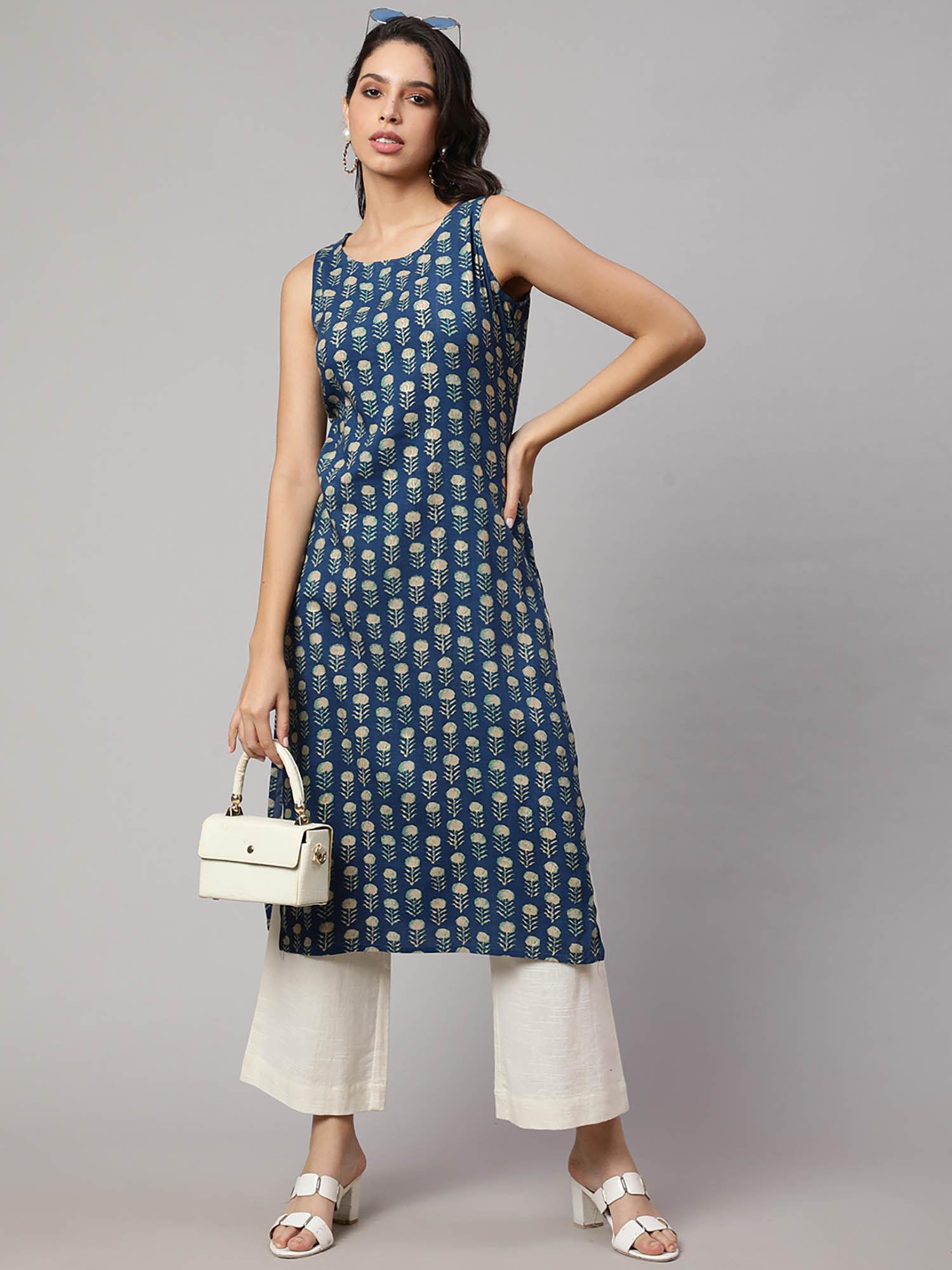 women blue rayon floral printed calf length straight kurta