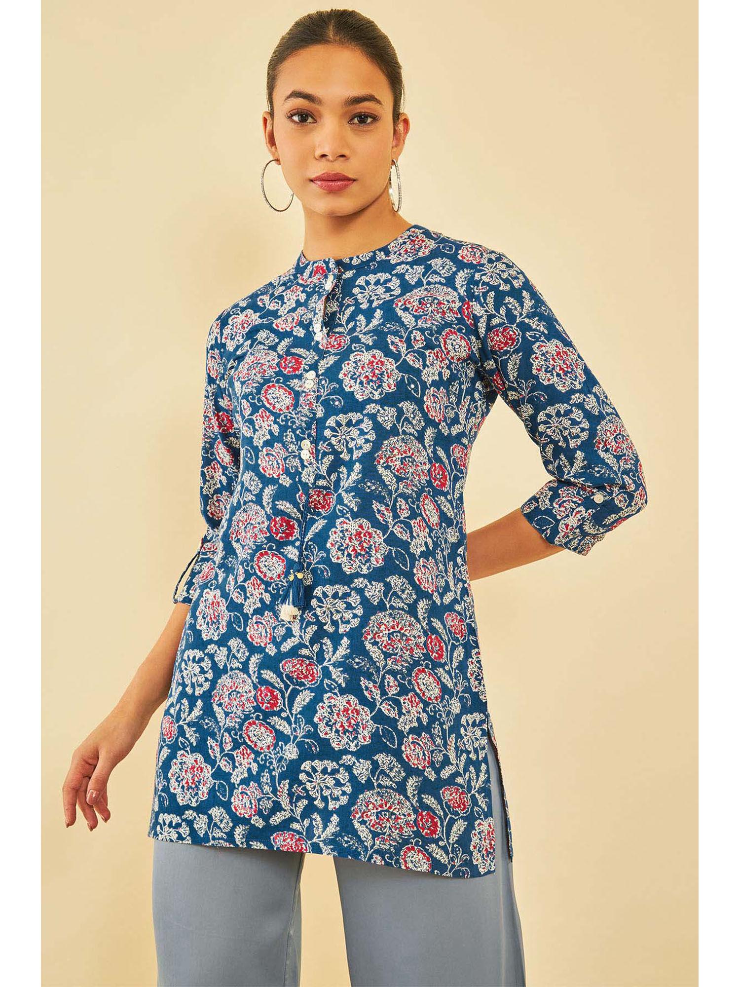 women blue rayon floral tunic