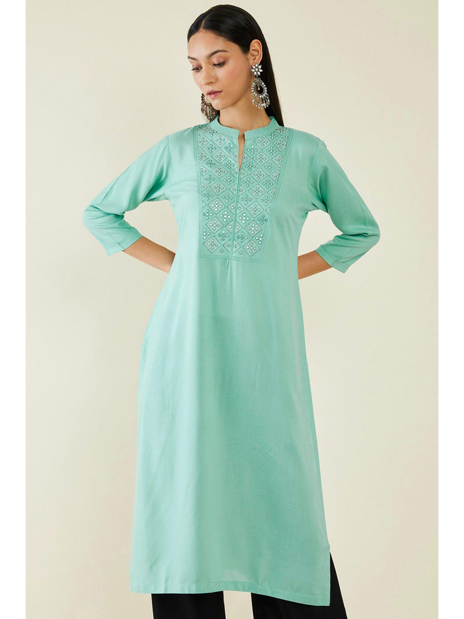 women blue rayon mirror work kurta