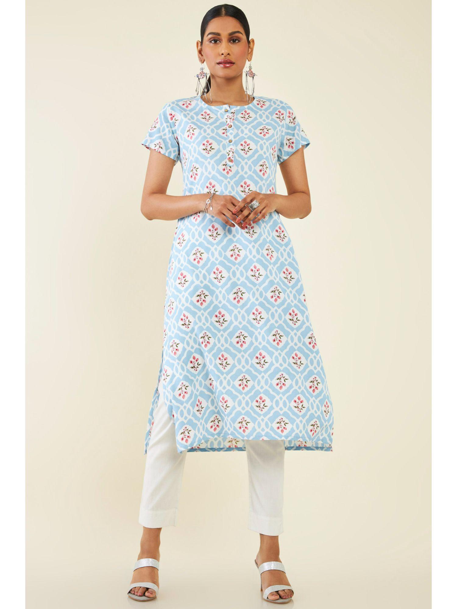 women blue rayon printed kurta