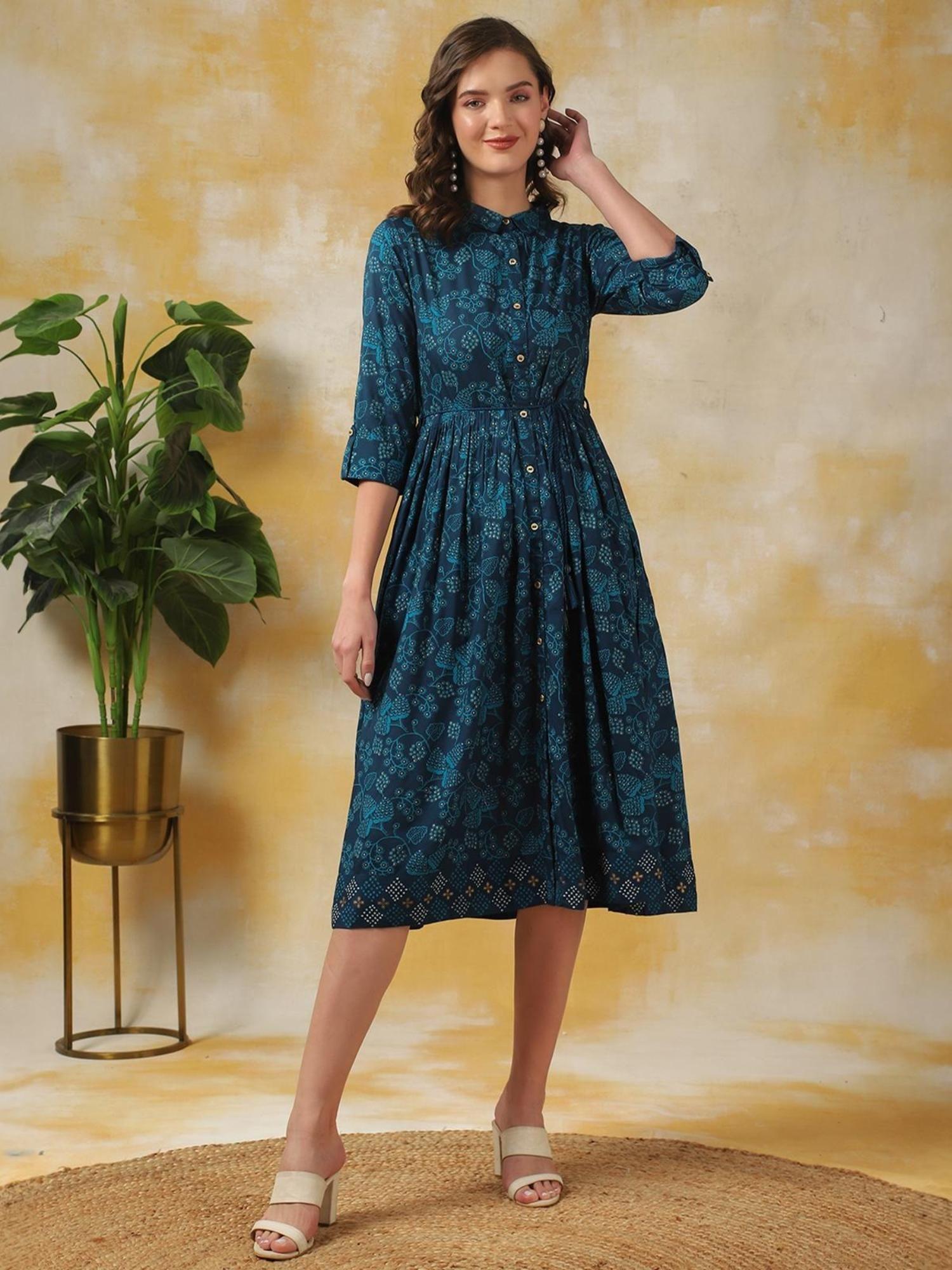 women blue rayon printed shirt dress calf length ethnic dress with belt (set of 2)