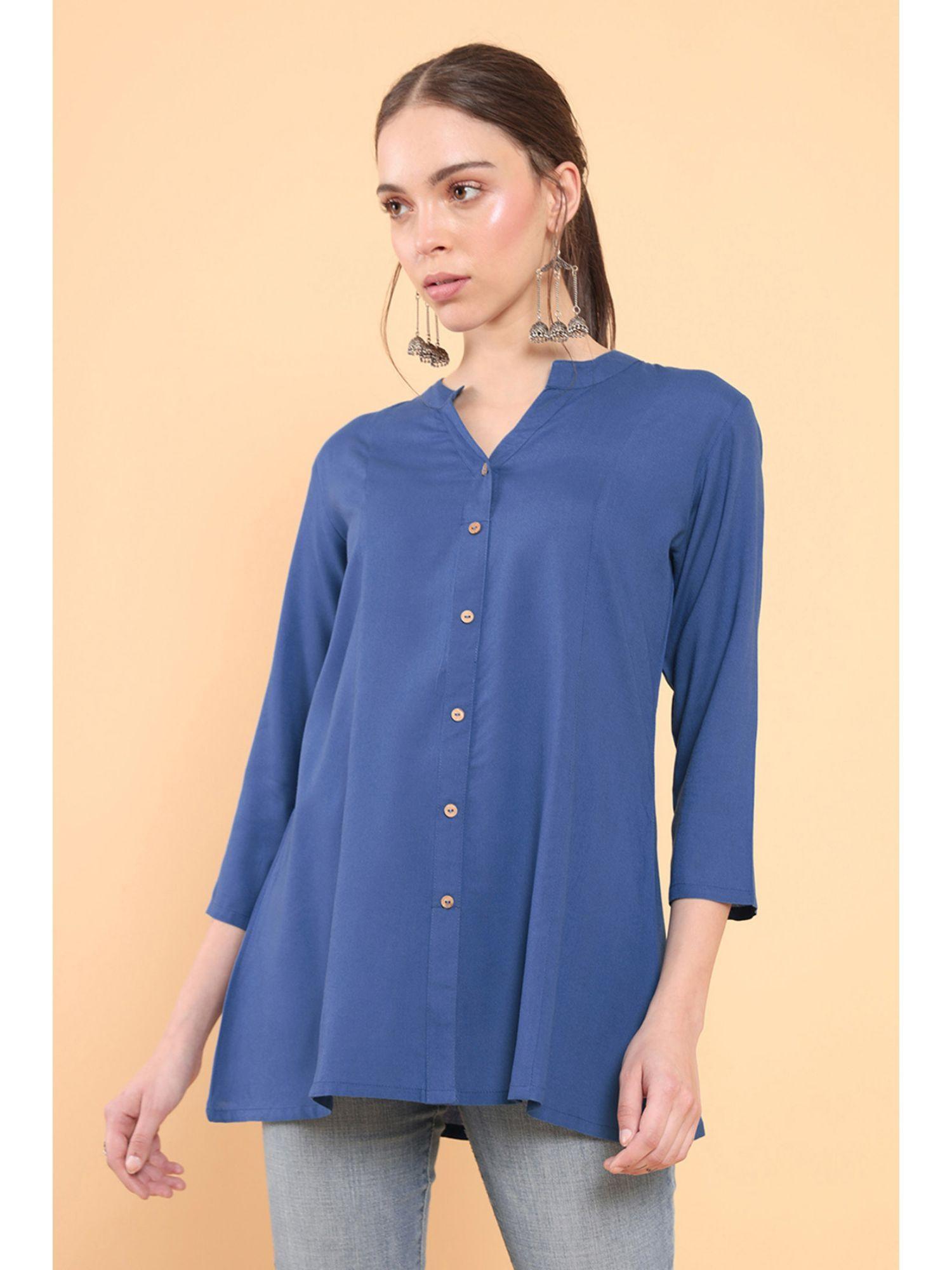 women blue rayon solid/plain tunic