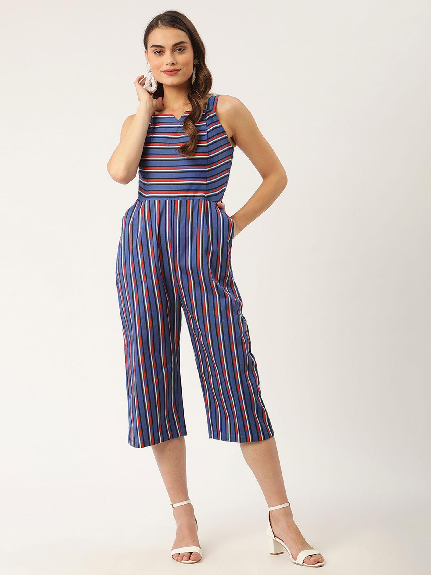 women blue red striped pure cotton capri jumpsuit
