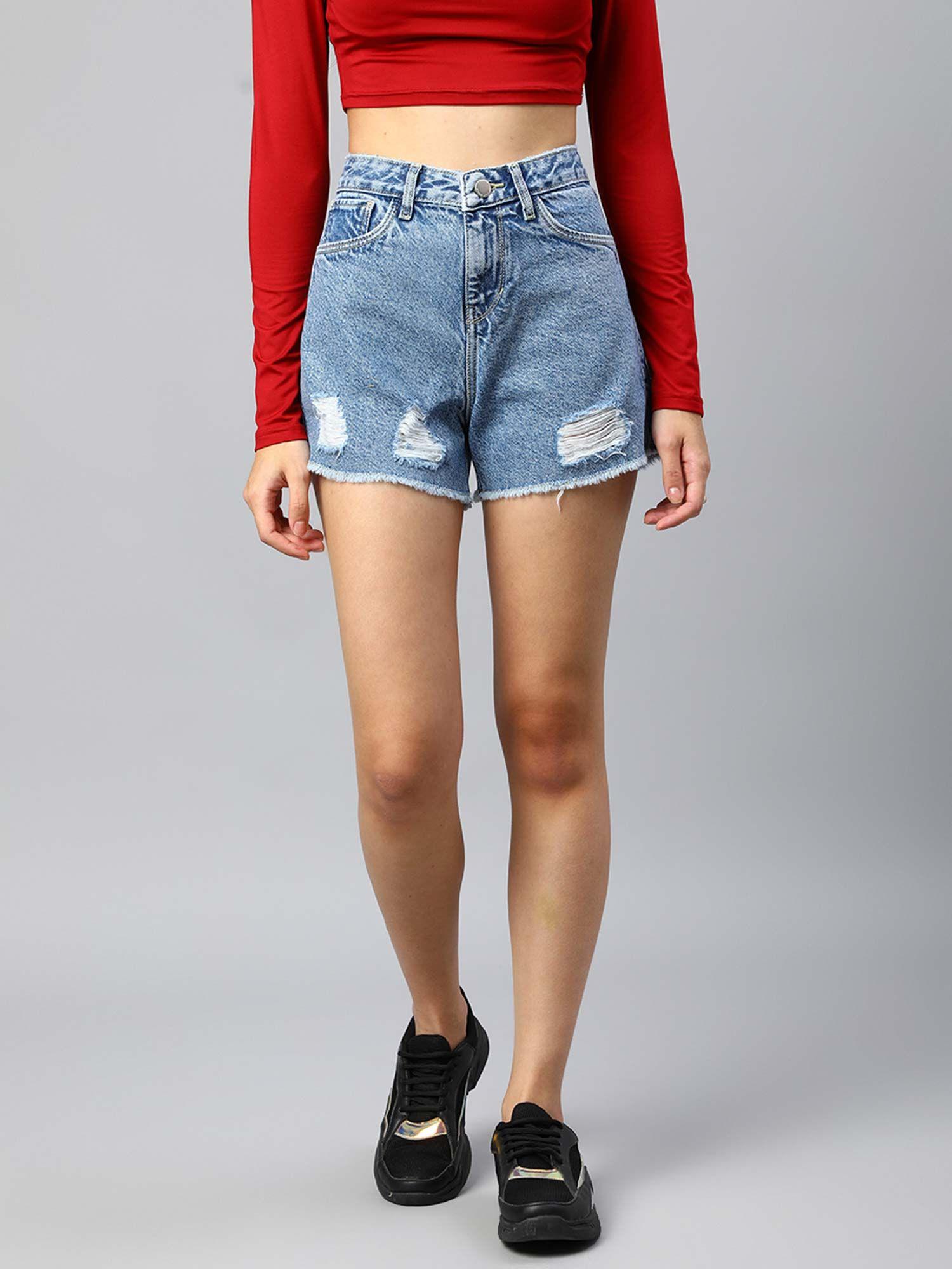 women blue regular fit denim shorts