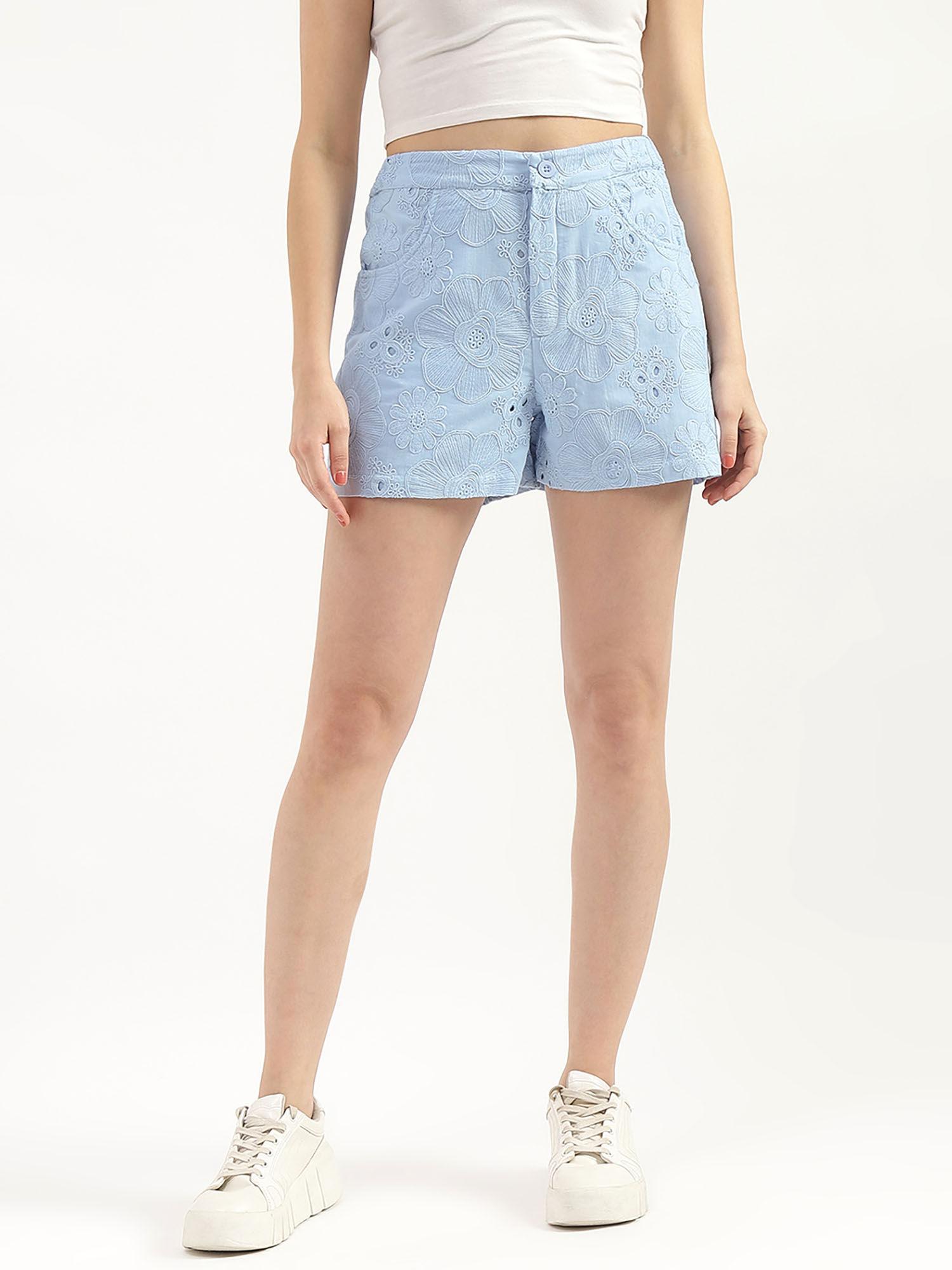 women blue regular fit embroidered shorts