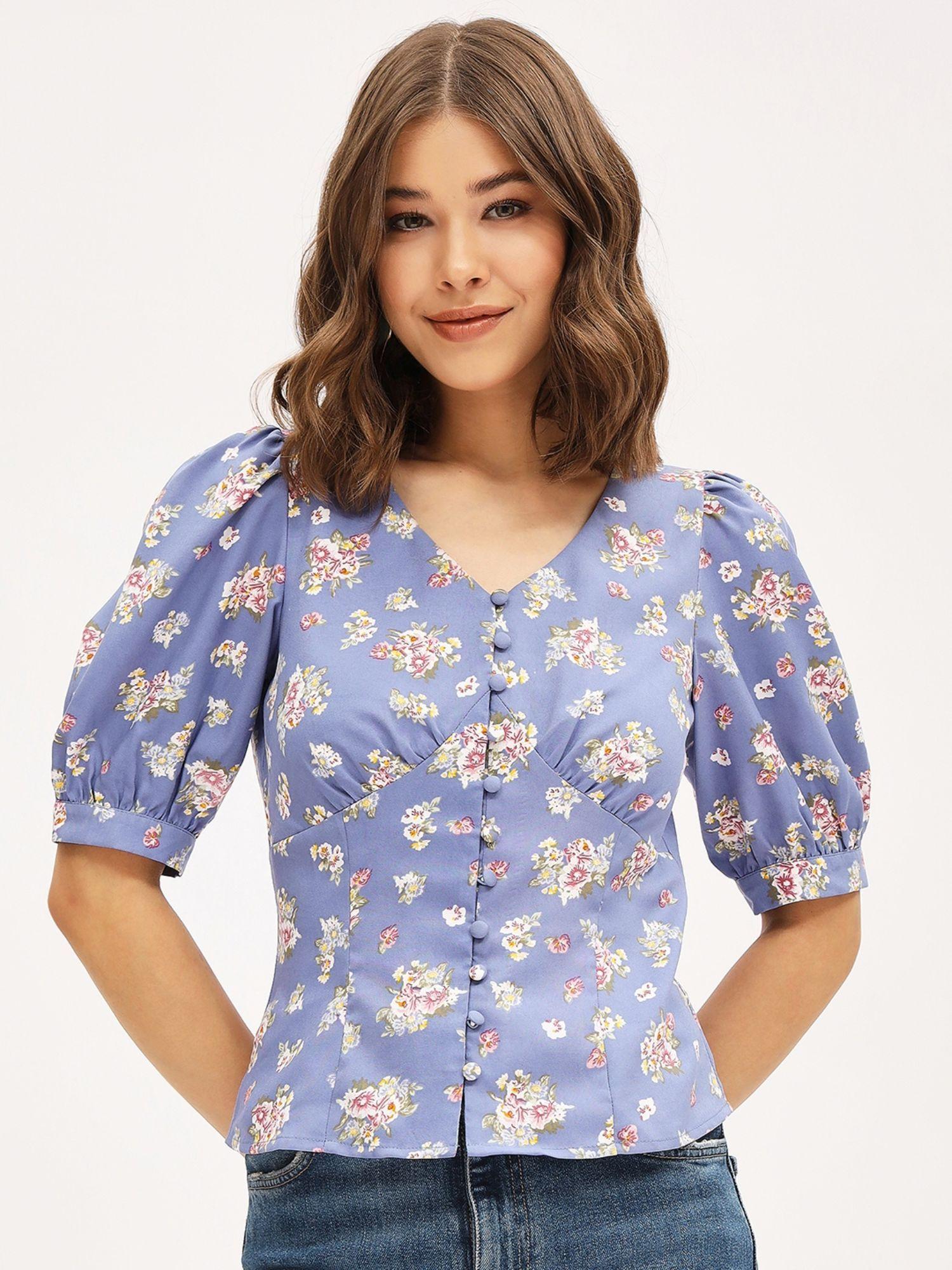 women blue regular fit floral printed v-neck puff sleeves top