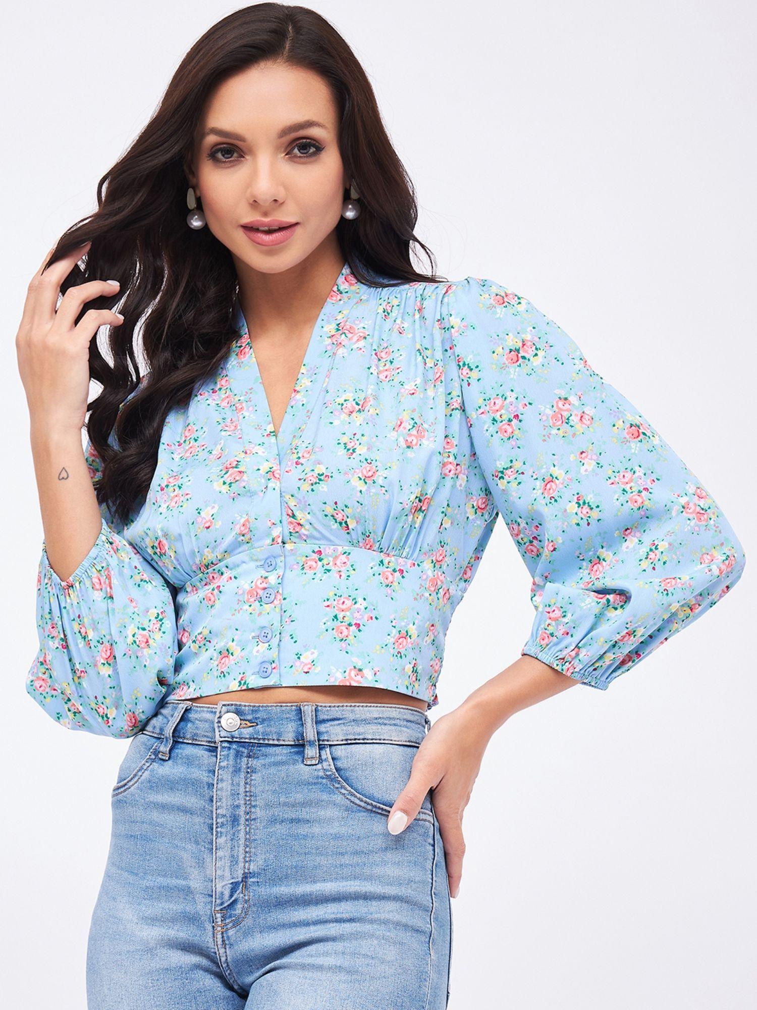 women blue regular fit floral printed v-neck three fourth sleeves crop top