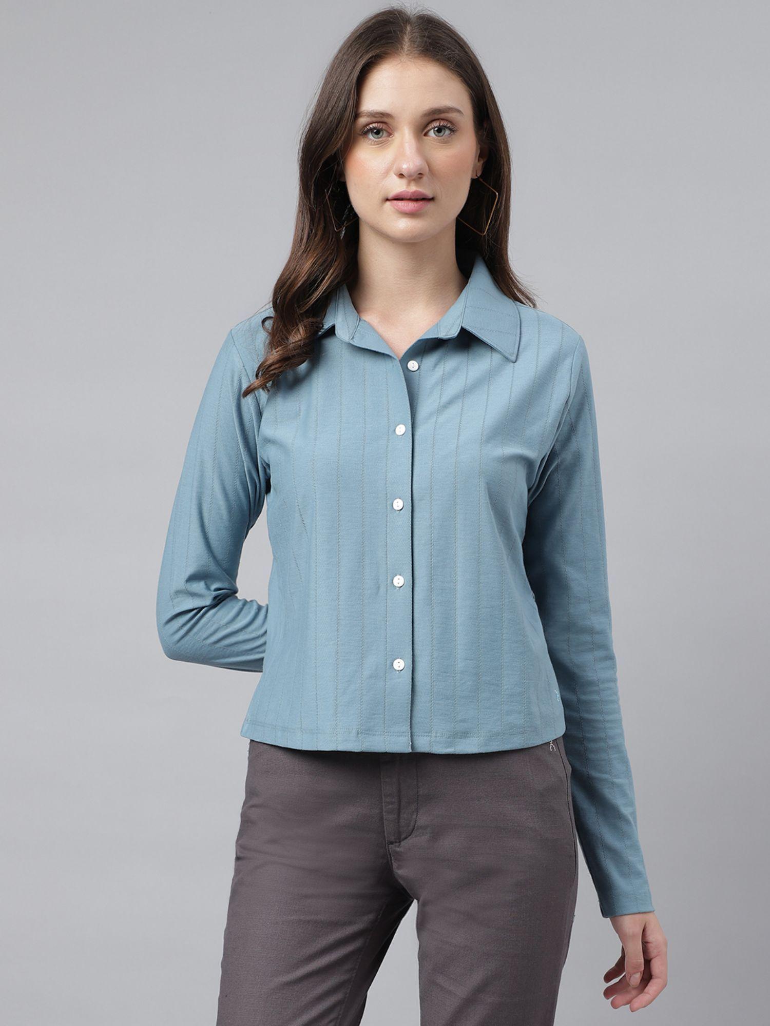 women blue regular fit long sleeves casual shirt