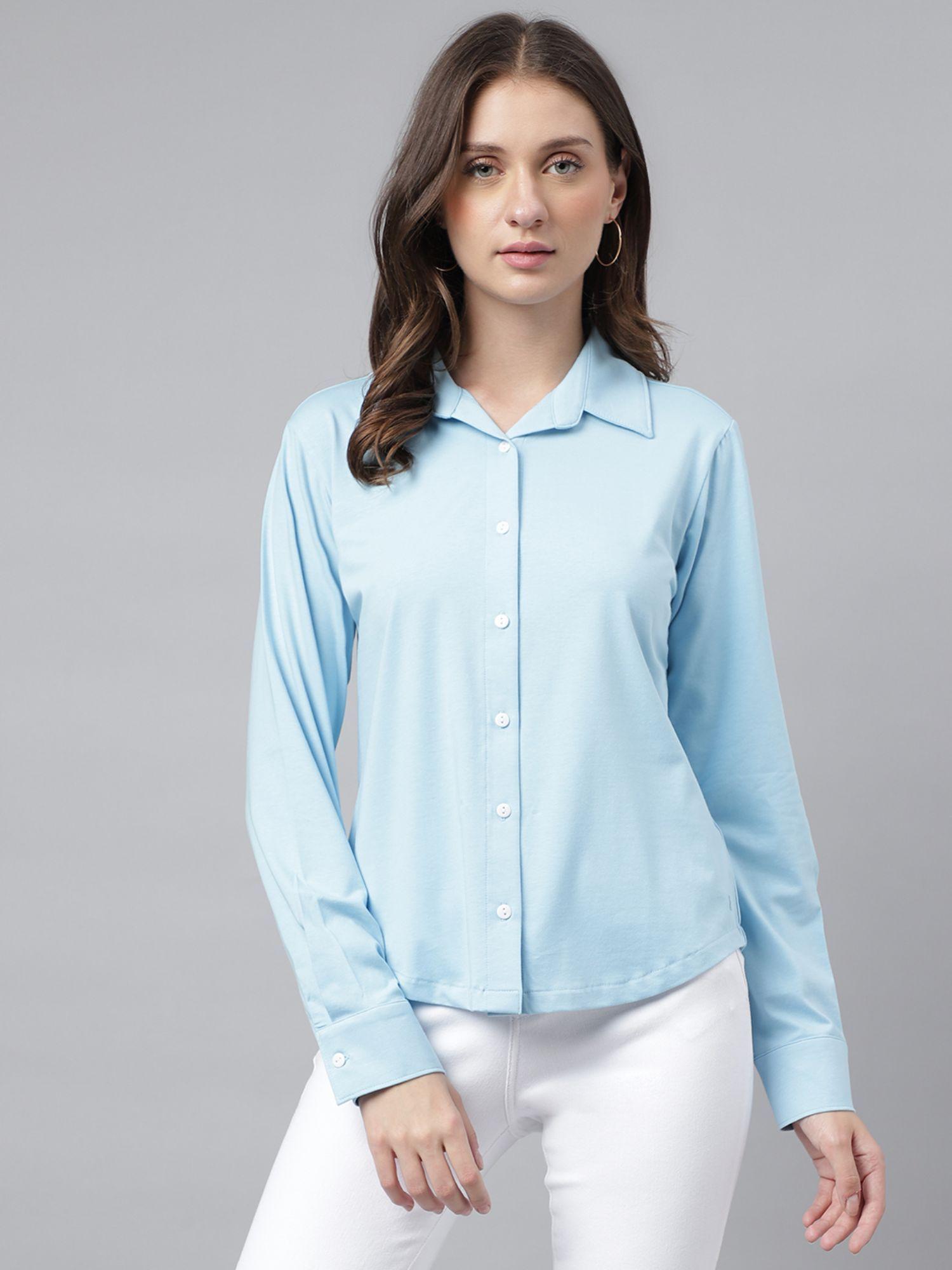 women blue regular fit long sleeves casual shirt