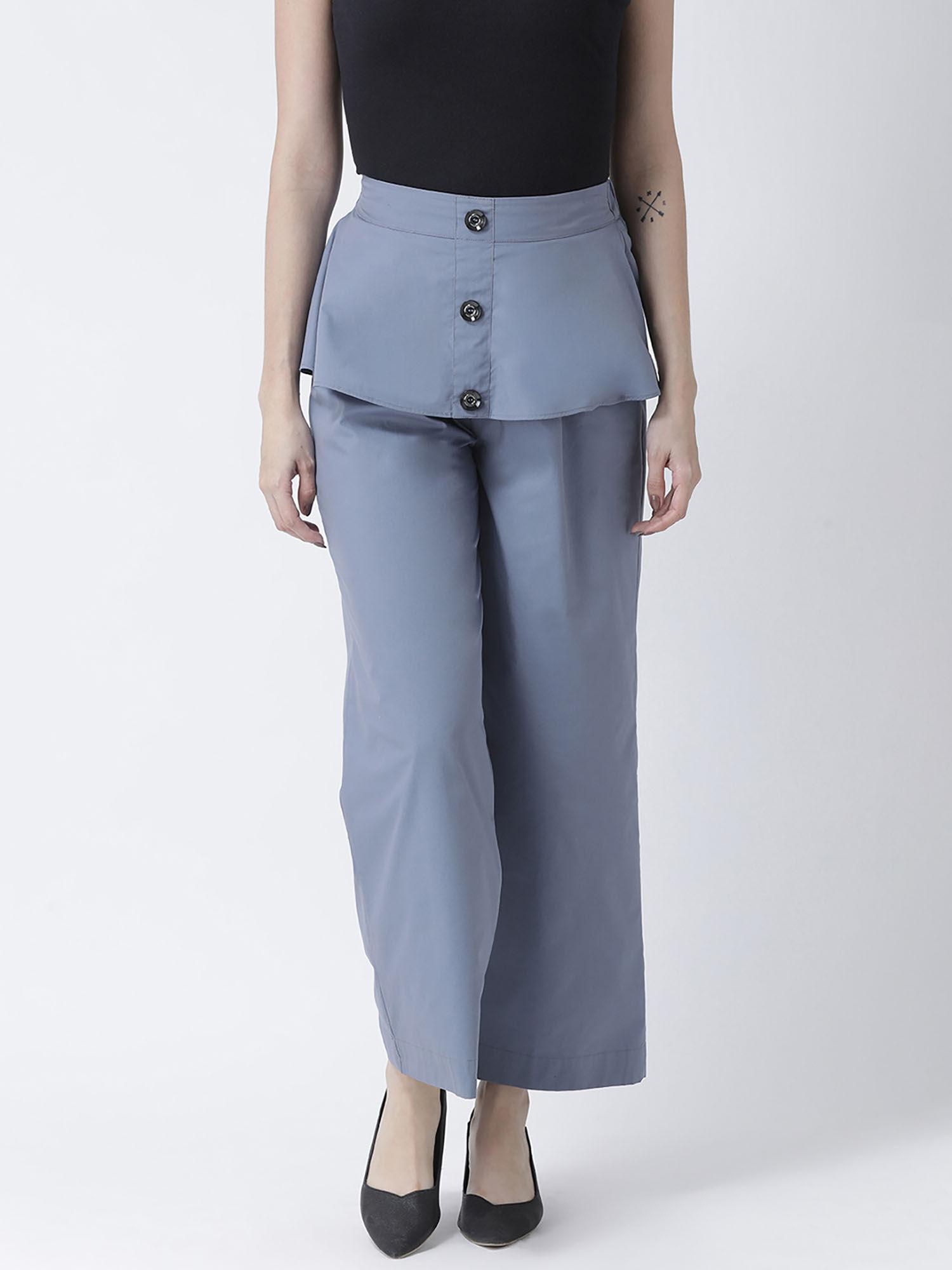 women blue regular fit solid wide mid waist pant