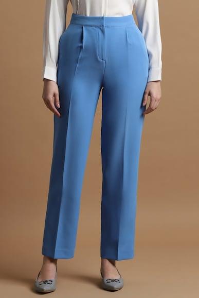 women blue regular fit textured formal trousers