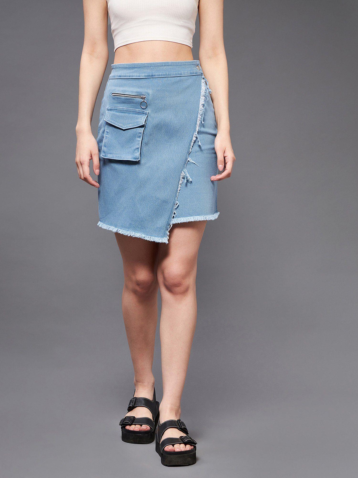 women blue regular high rise stretchable denim mini skirt