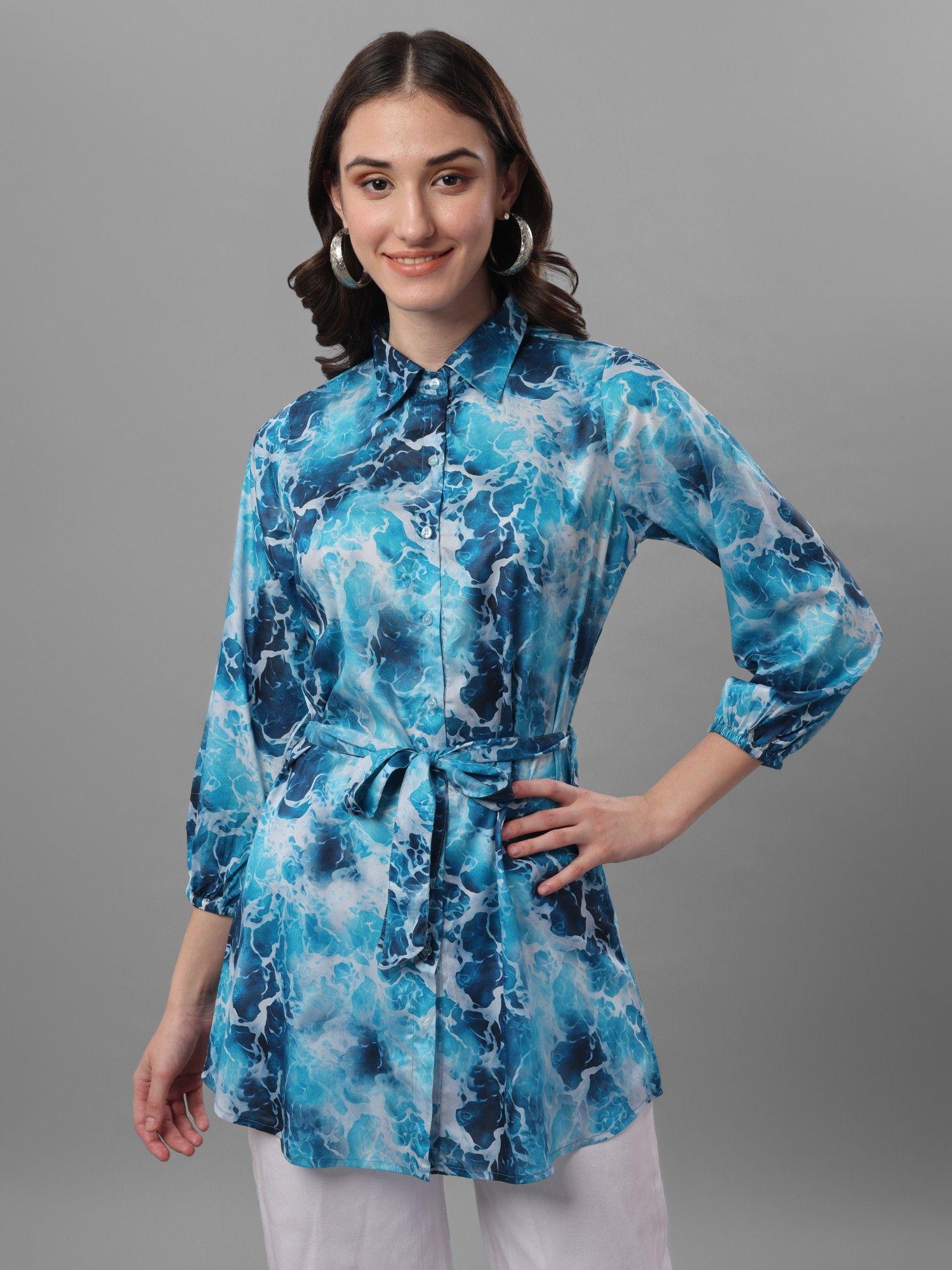 women blue relaxed floral semi sheer printed casual shirt