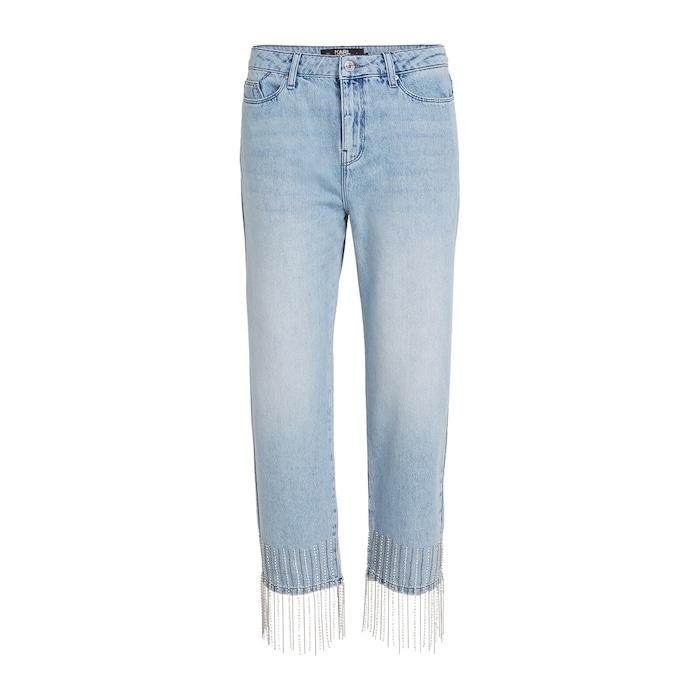 women blue rhinestone fringed jeans