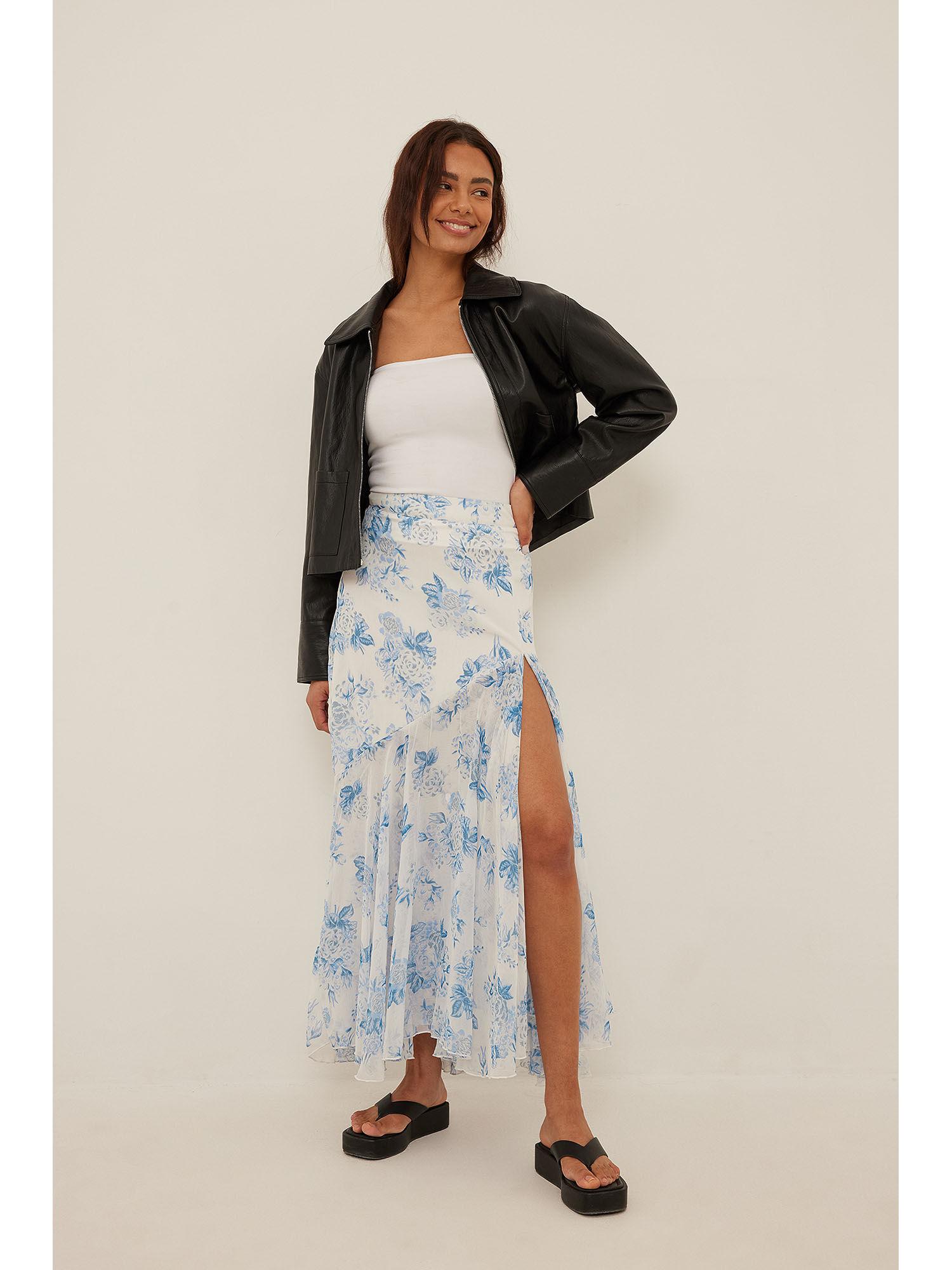 women blue rose print maxi skirt