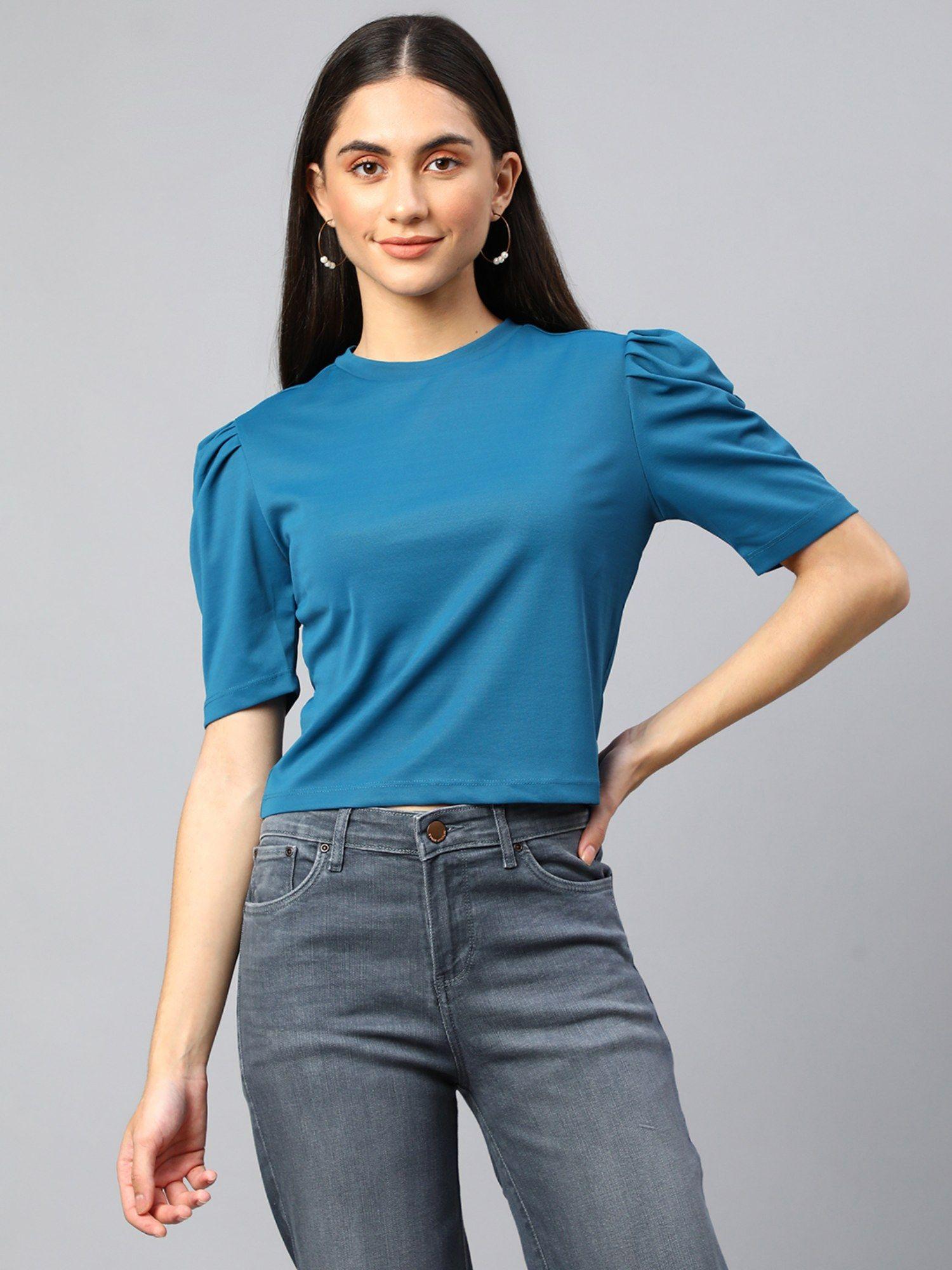 women blue round neck puffed sleeves crop top