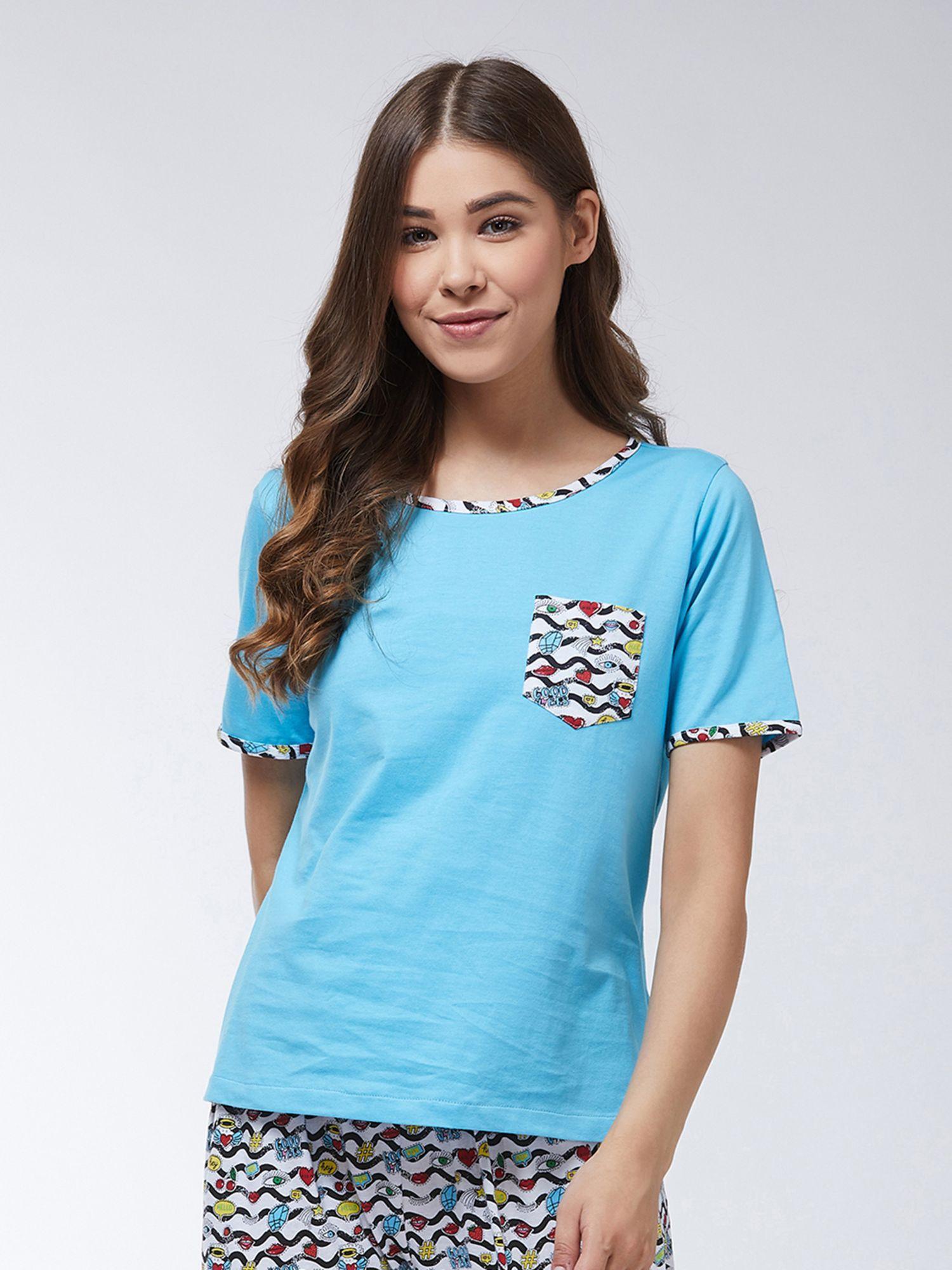 women blue round neck short sleeves printed regular length t-shirt