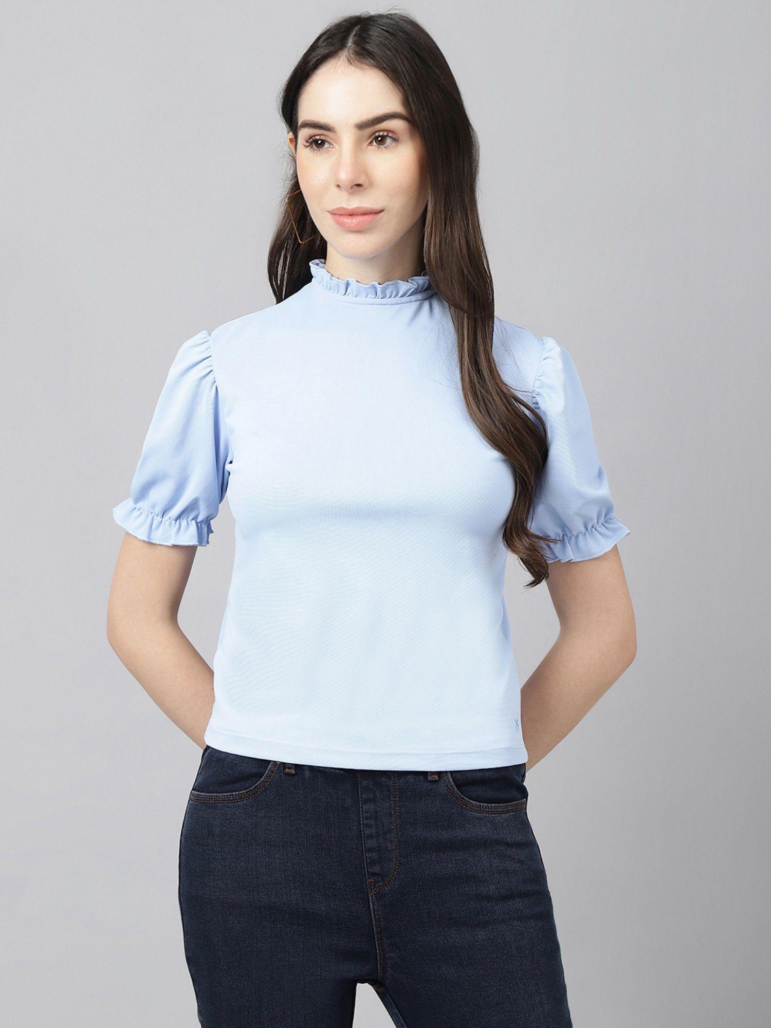 women blue ruffles top