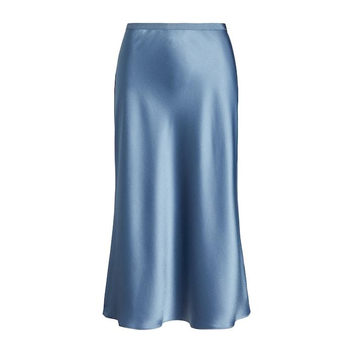 women blue satin midi skirt