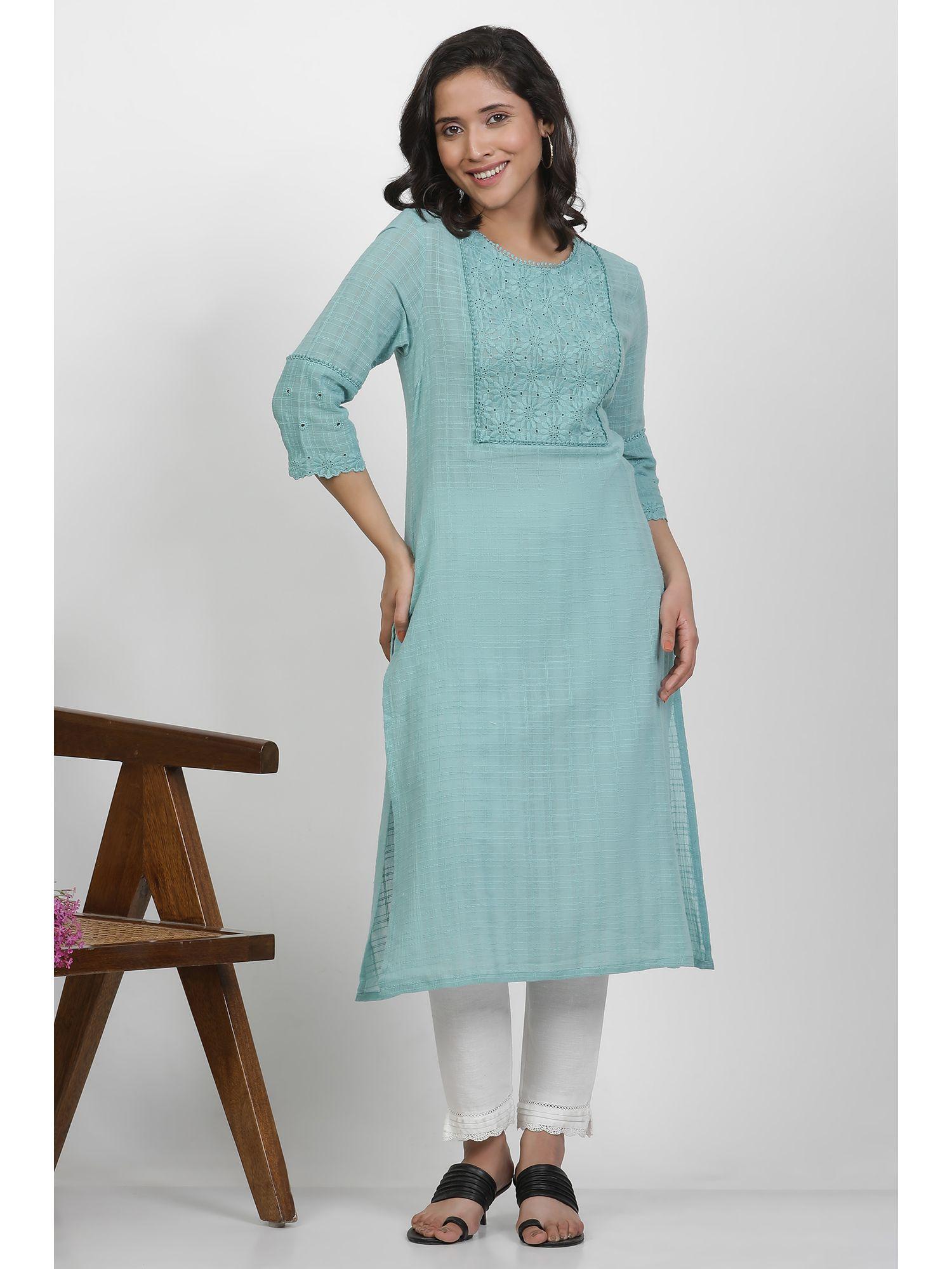 women blue self design cotton straight kurta