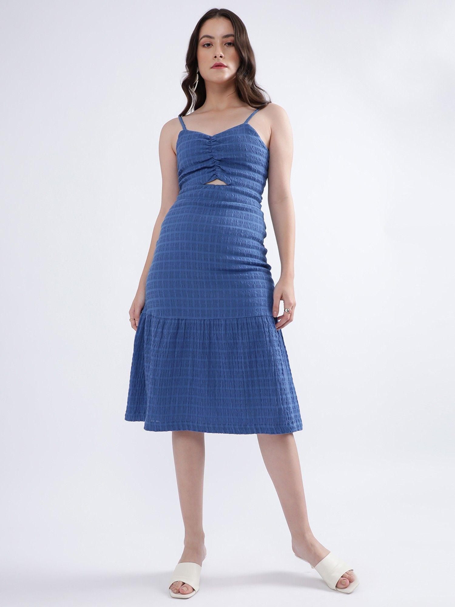 women blue self design dress