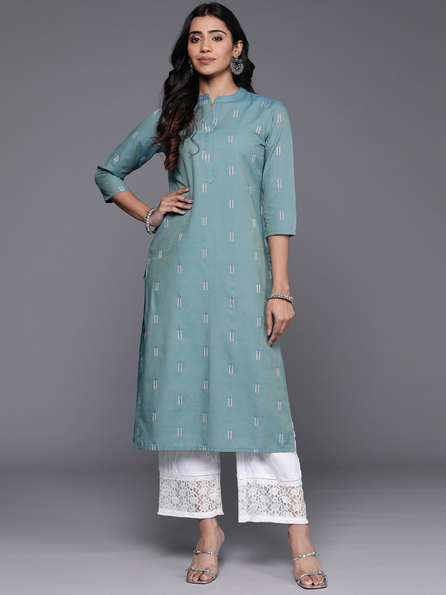 women blue self design straight kurta