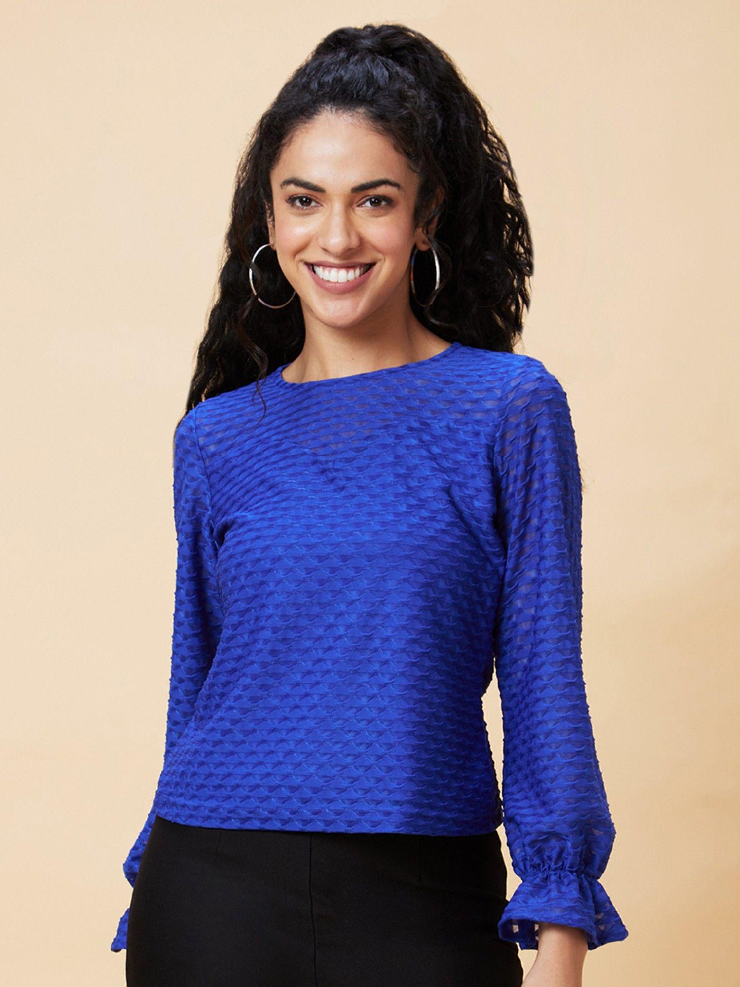 women blue self textured boat neck party top