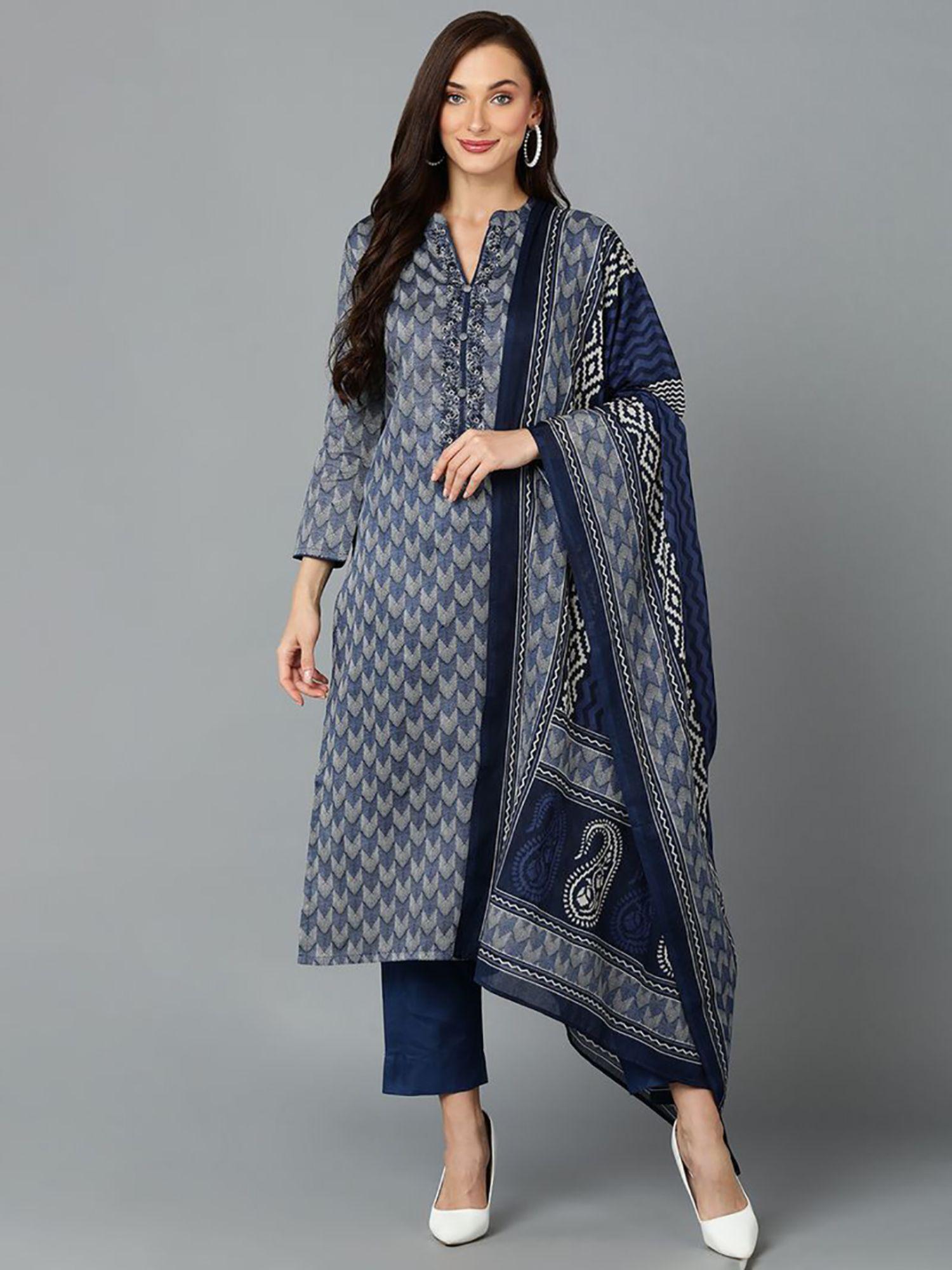 women blue silk blend chevron printed straight kurta pant with dupatta (set of 3)