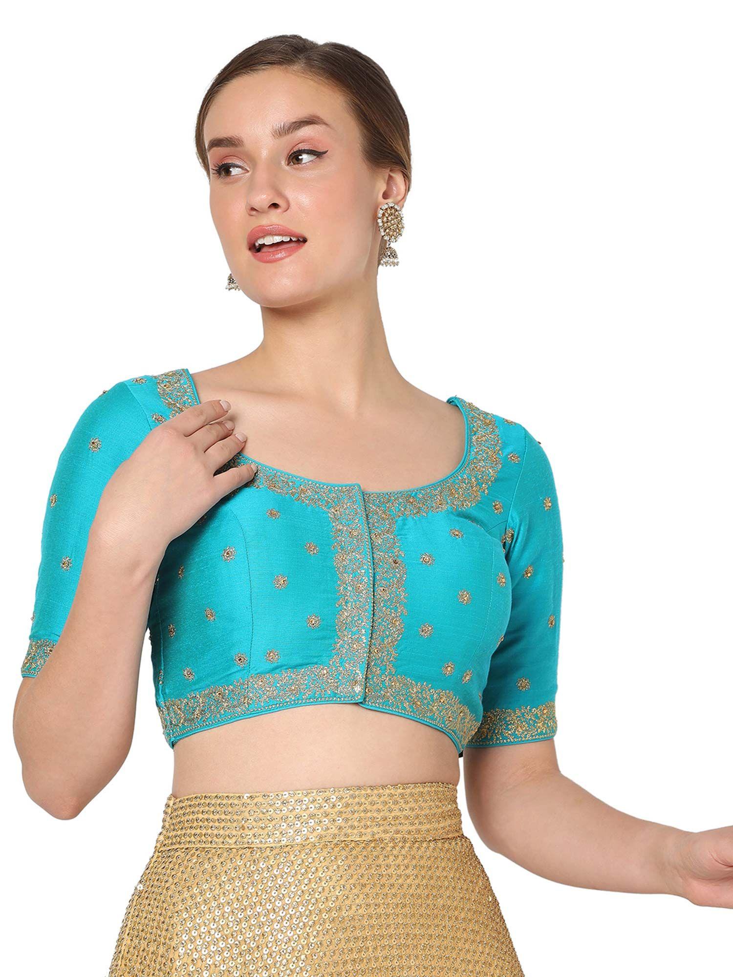 women blue silk blend embroidered readymade saree blouse