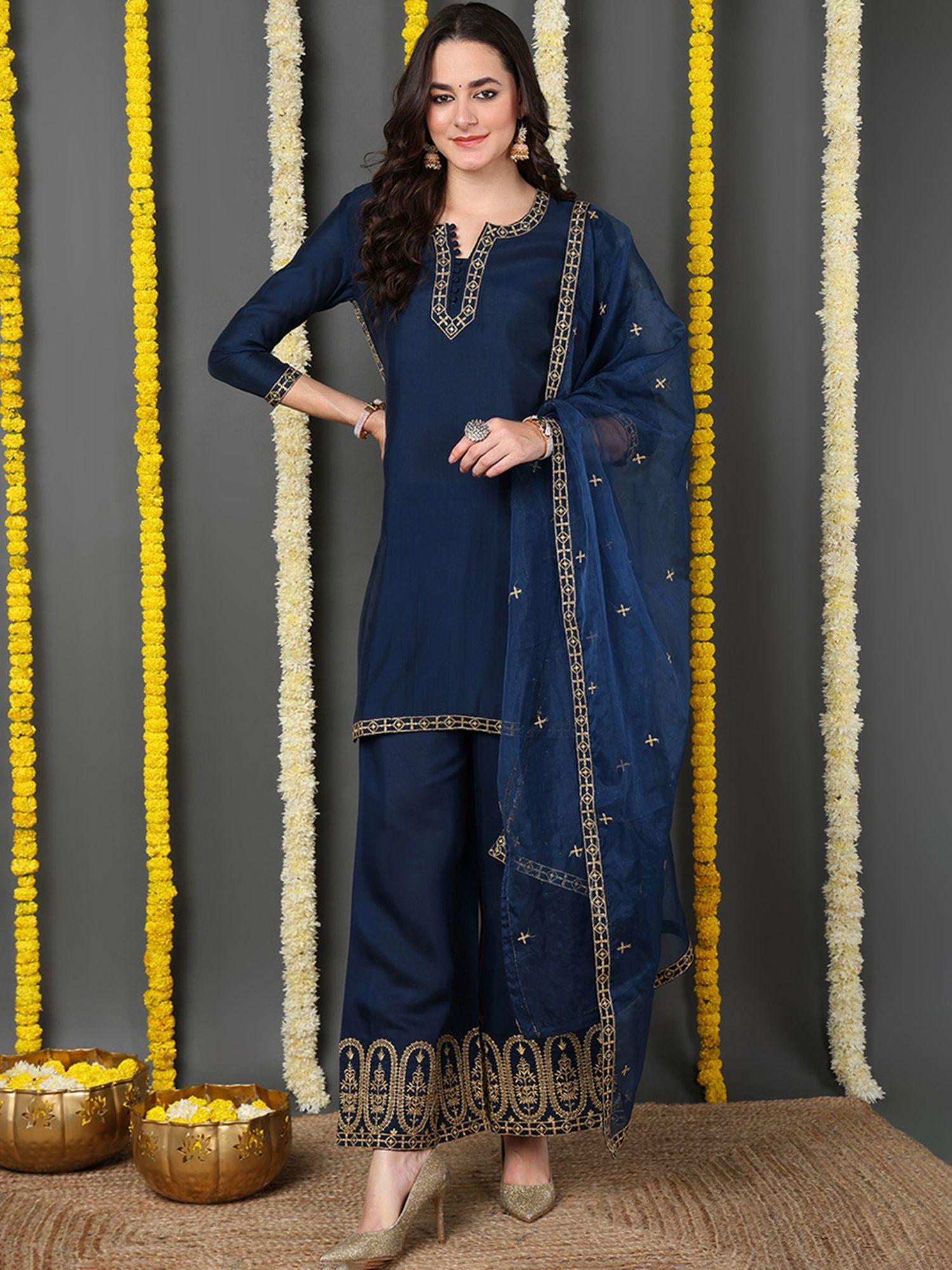 women blue silk blend embroidered straight kurta pant with dupatta (set of 3)