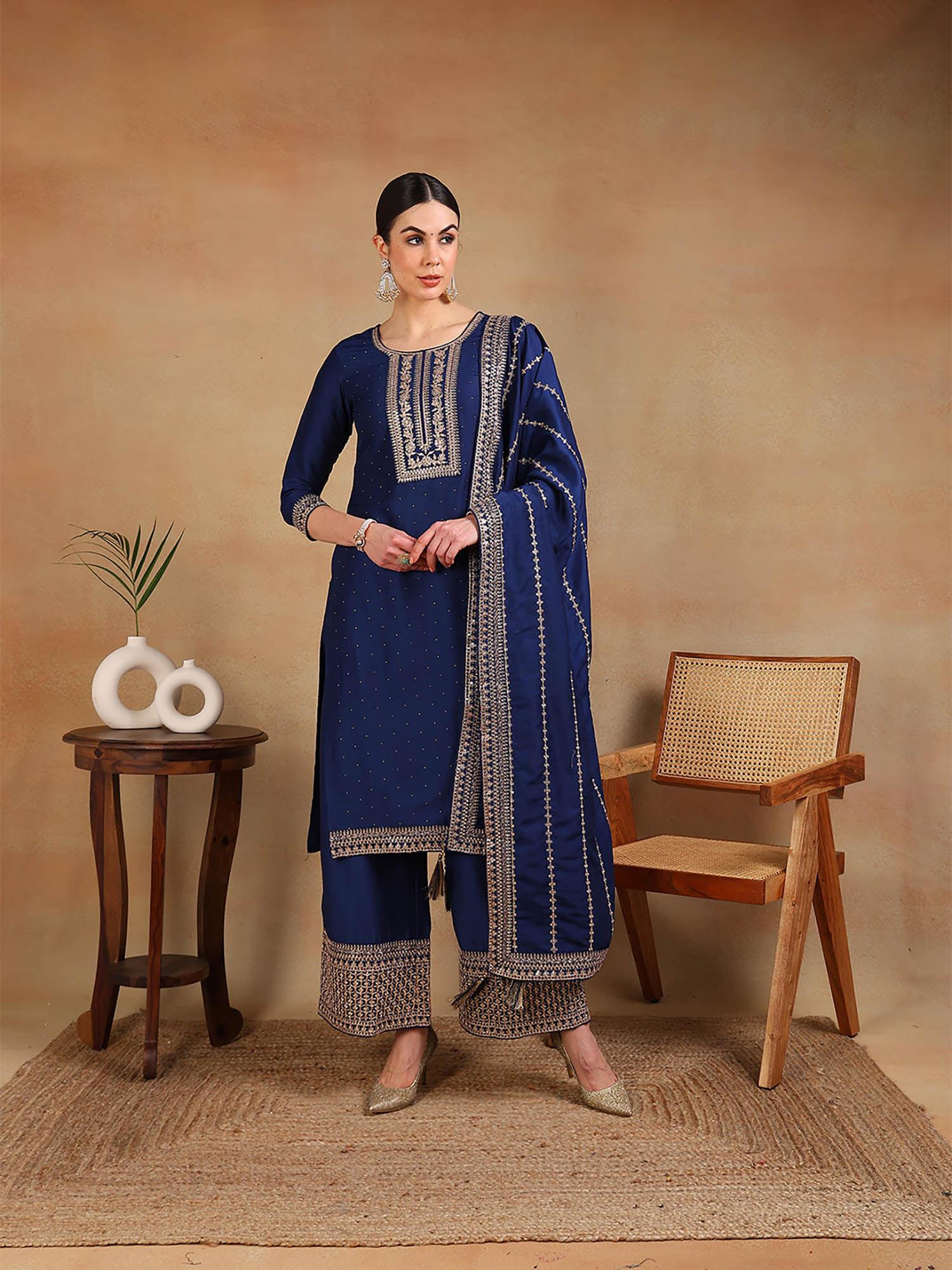 women blue silk blend solid yoke design straight kurta palazzo with dupatta (set of 3)