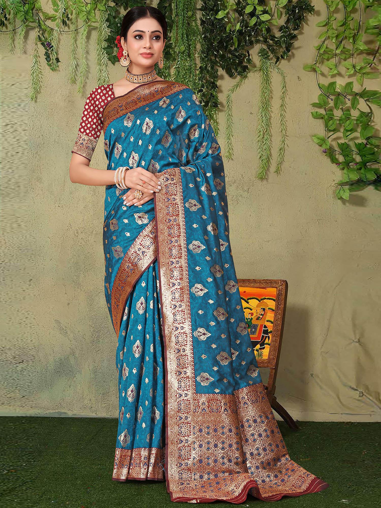 women blue silk saree with unstitched blouse