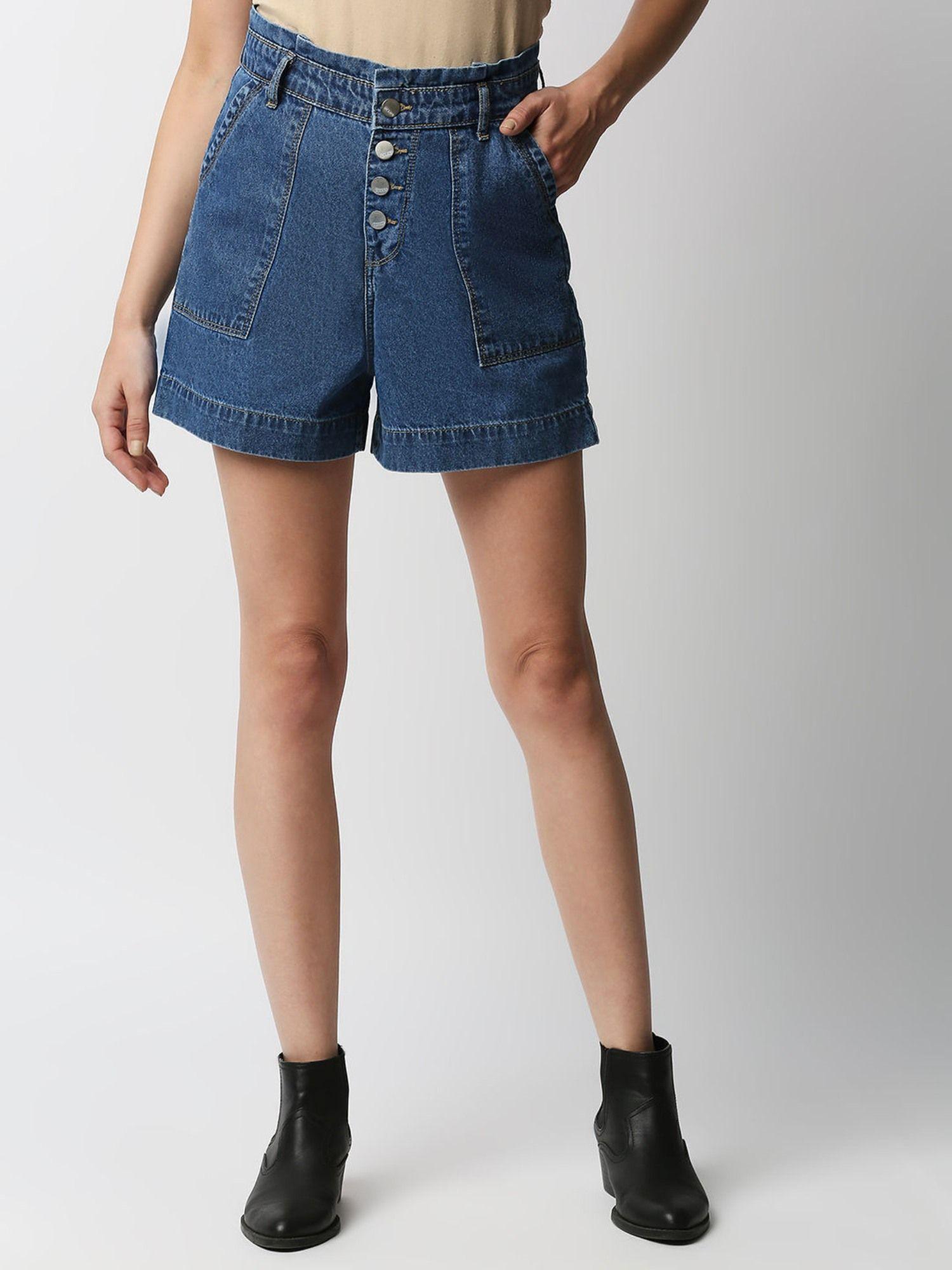 women blue slim fit high-rise denim shorts
