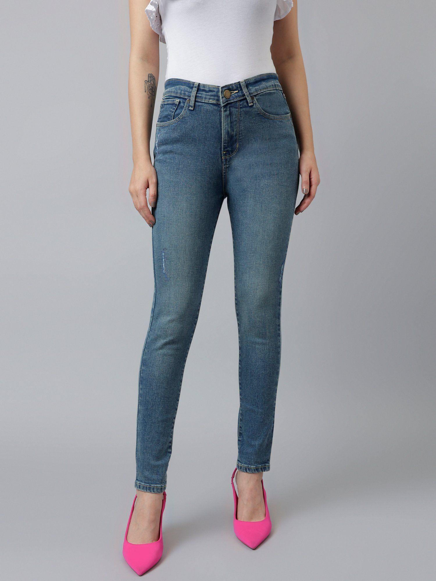 women blue slim fit high rise distress stretchable jeans